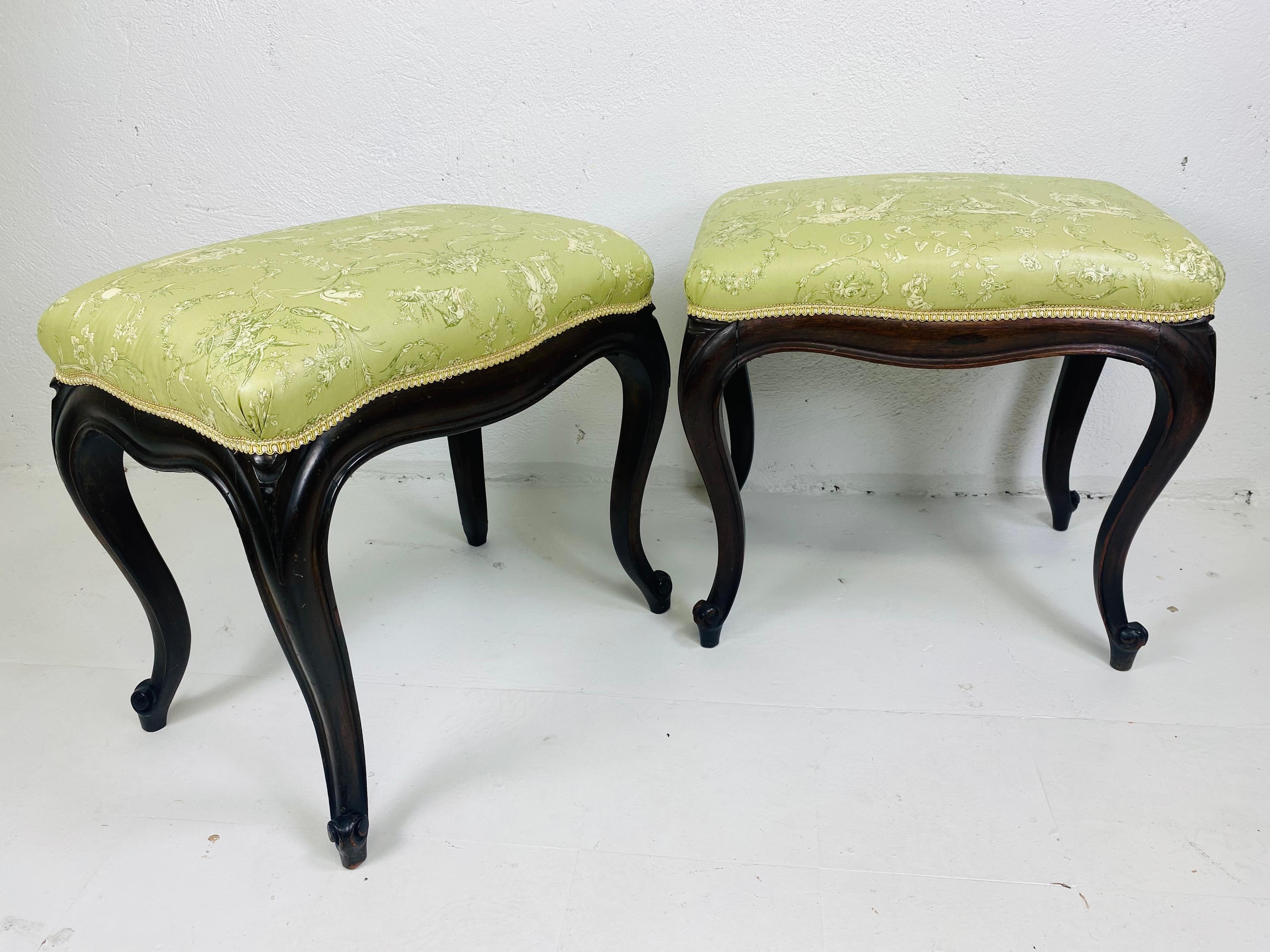 Antique hand carved newly upholstered French country benches/a pair For Sale 1