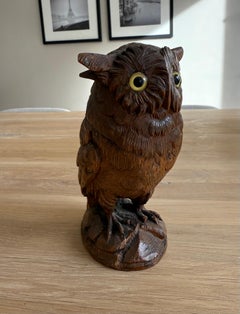Antique Hand-Carved Nutwood Owl Inkwell with Piercing Glass Eyes, circa 1900.