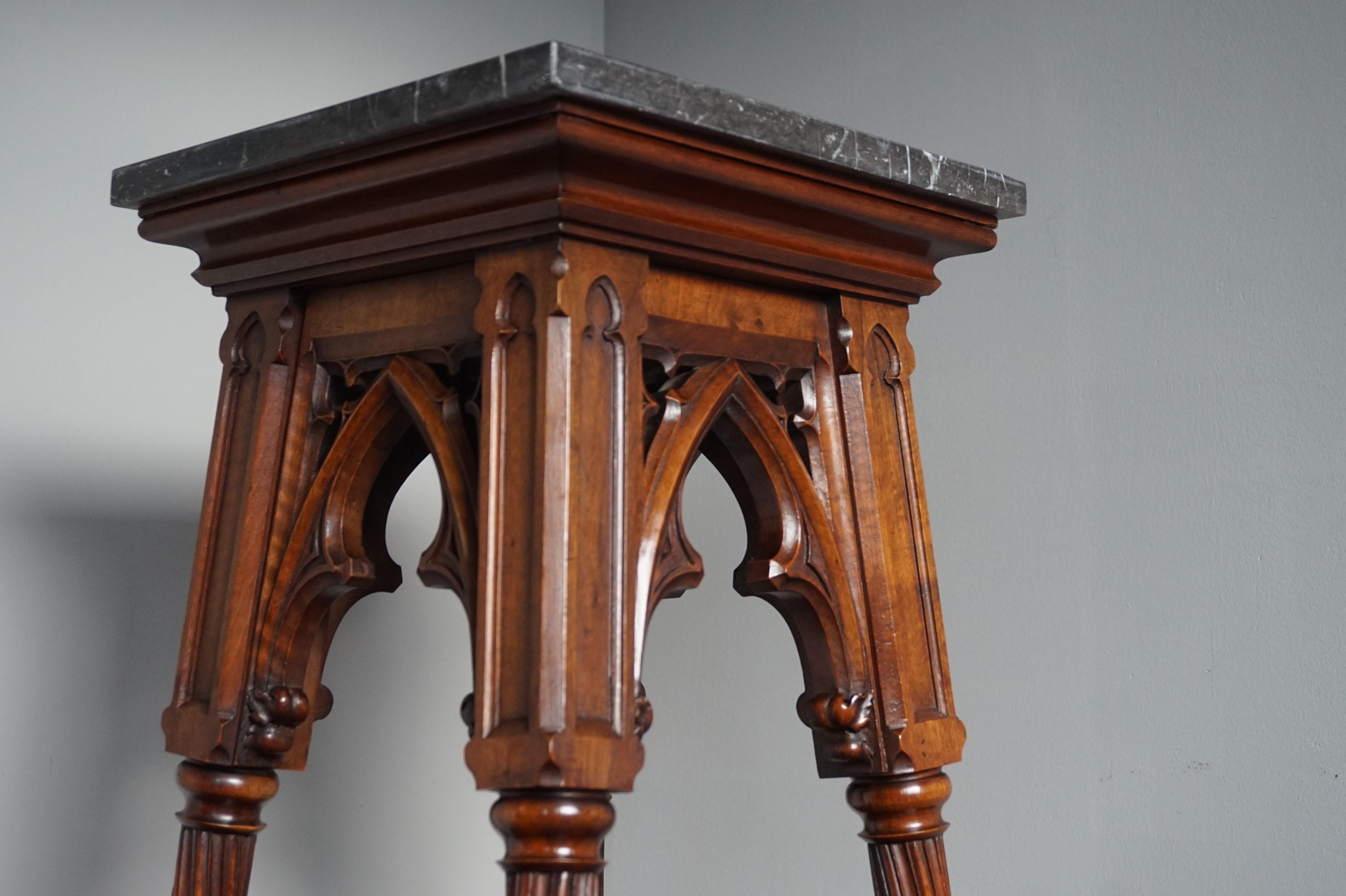 Hand-Crafted Antique Hand Carved Nutwood & Stunning Marble Top Gothic Revival Pedestal Stand