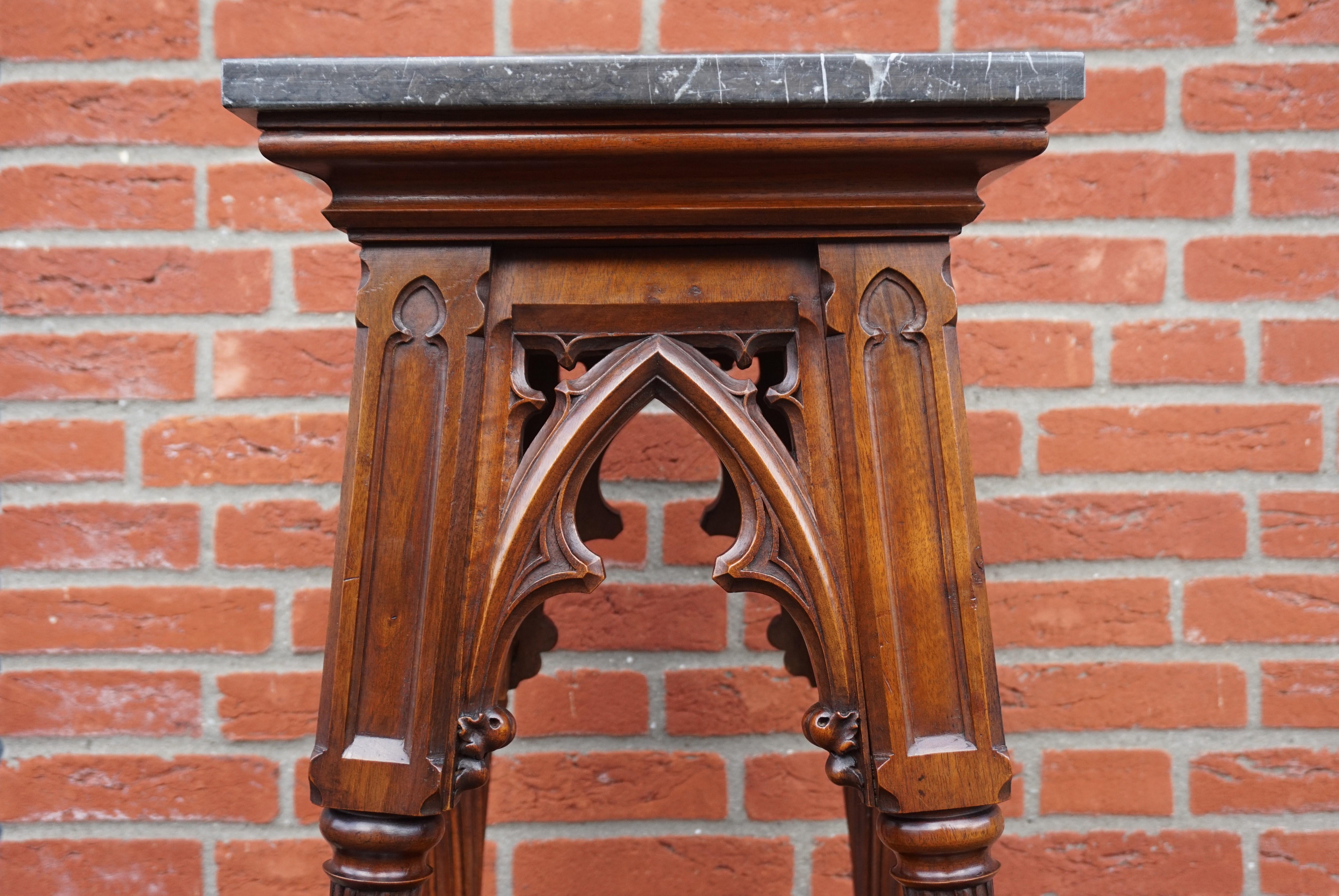 20th Century Antique Hand Carved Nutwood & Stunning Marble Top Gothic Revival Pedestal Stand