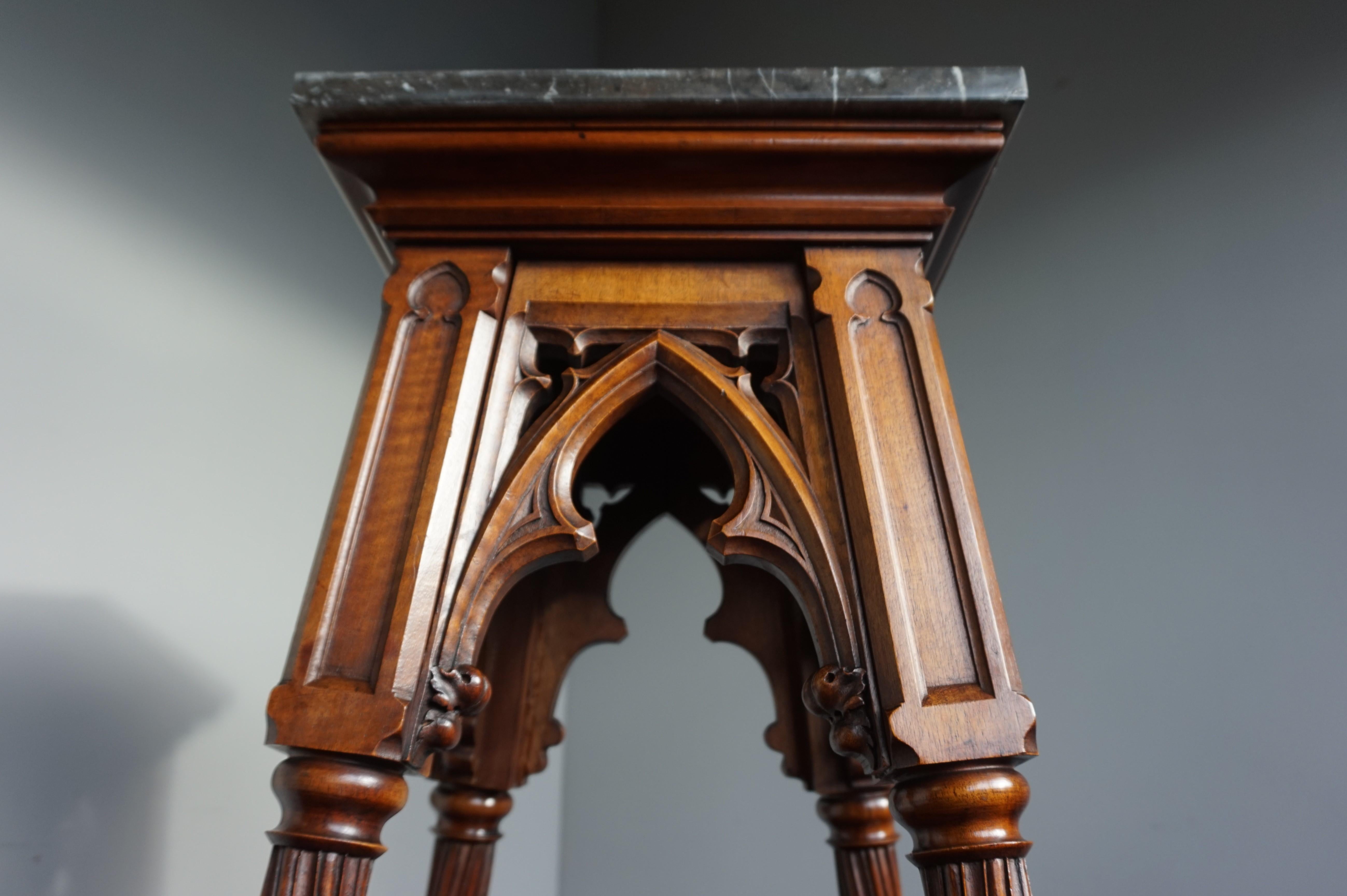 Antique Hand Carved Nutwood & Stunning Marble Top Gothic Revival Pedestal Stand 2