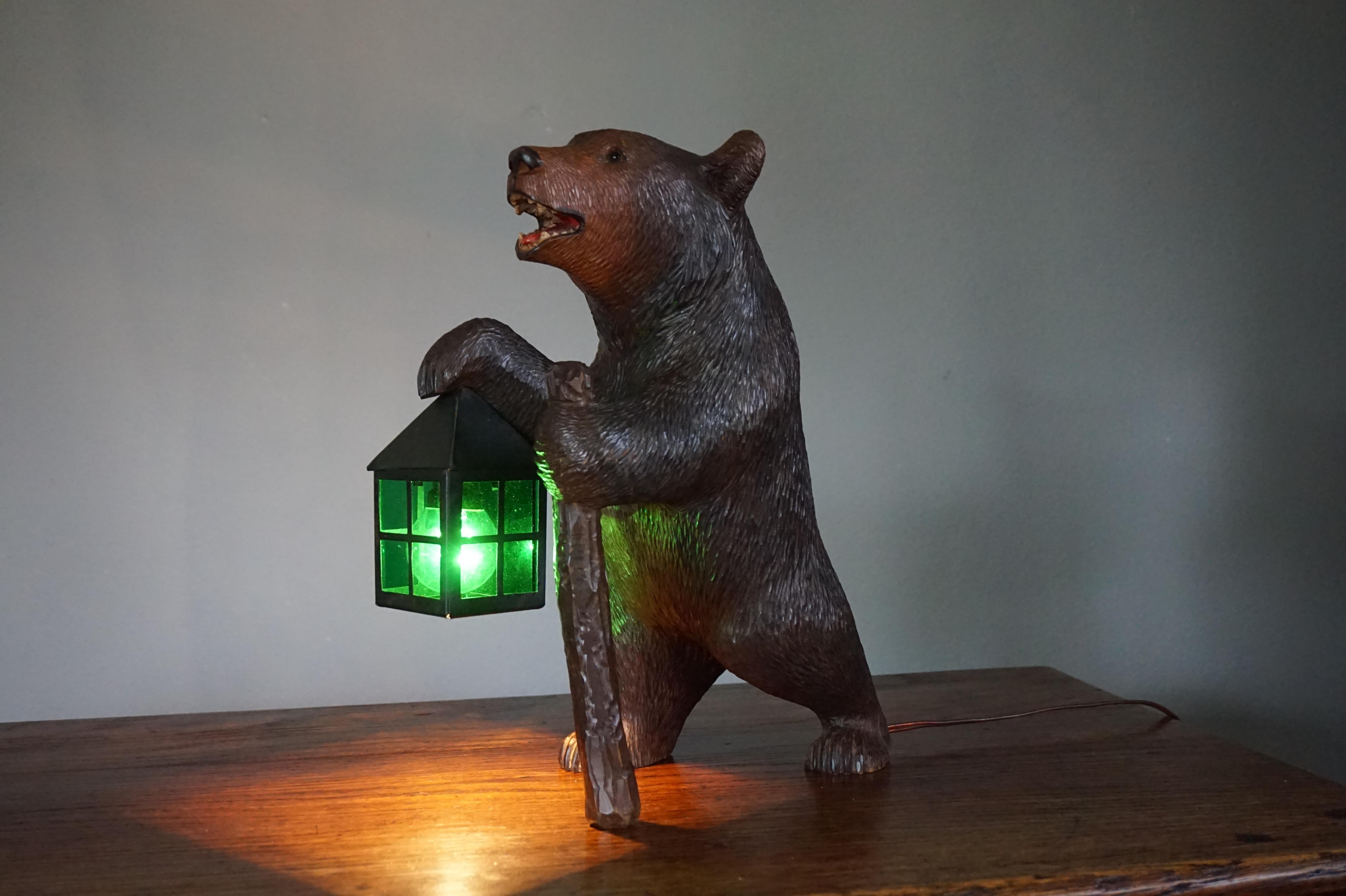 Antique Hand Carved Nutwood Swiss Black Forest Bear Table Lamp w. Maker's Marks 4