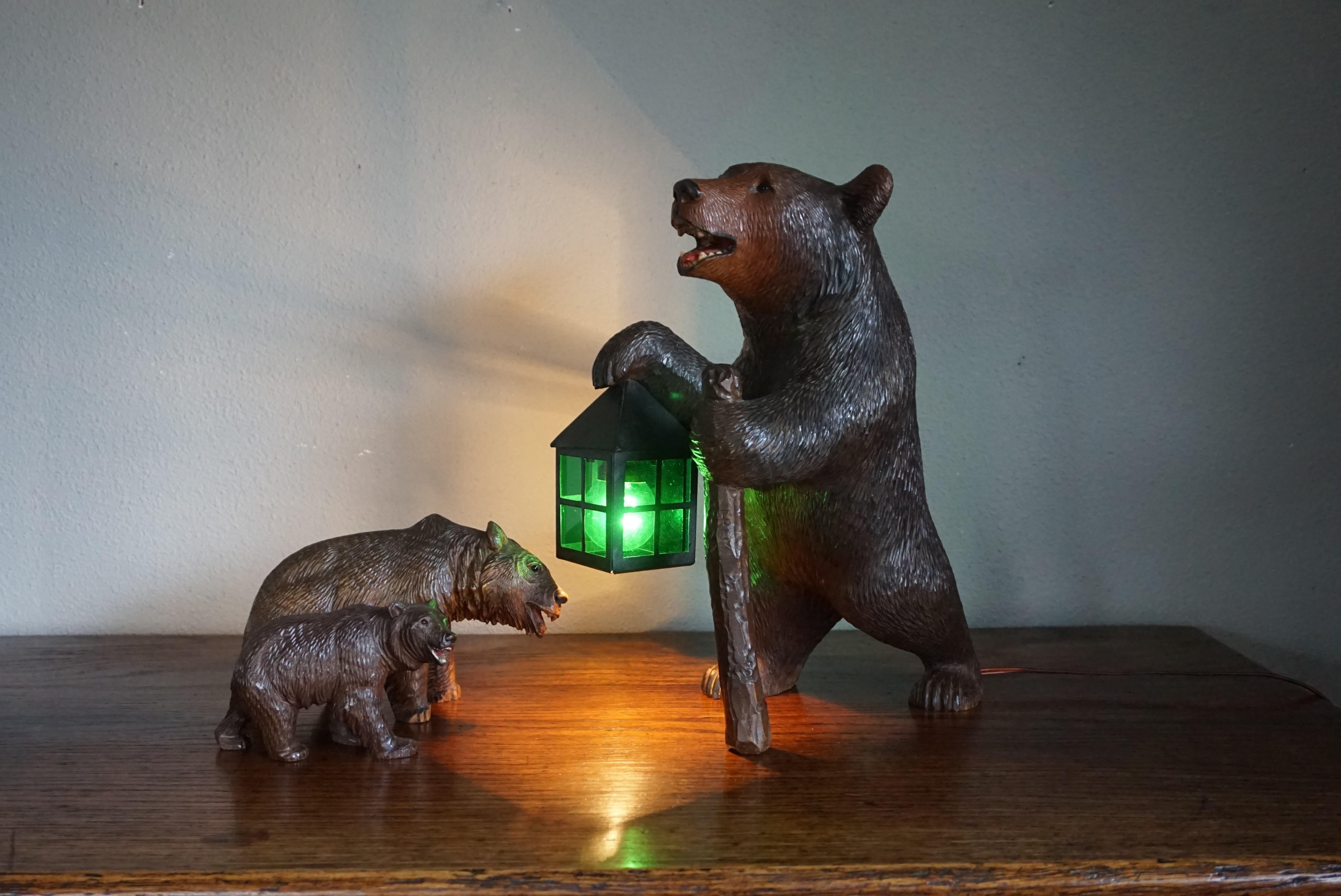 Antique Hand Carved Nutwood Swiss Black Forest Bear Table Lamp w. Maker's Marks 8