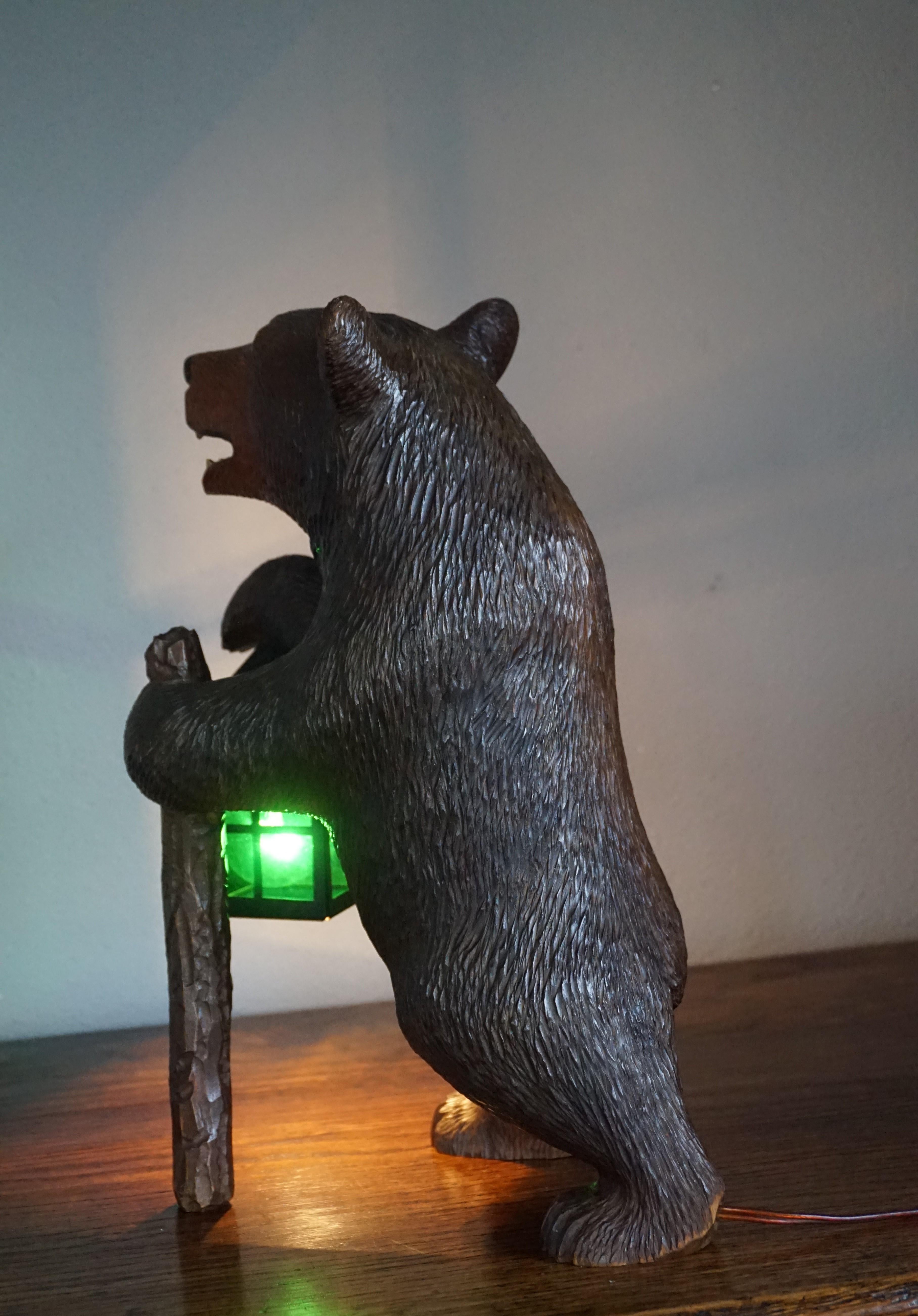 Antique Hand Carved Nutwood Swiss Black Forest Bear Table Lamp w. Maker's Marks 10