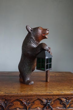Antique Hand Carved Nutwood Swiss Black Forest Bear Table Lamp w. Maker's Marks