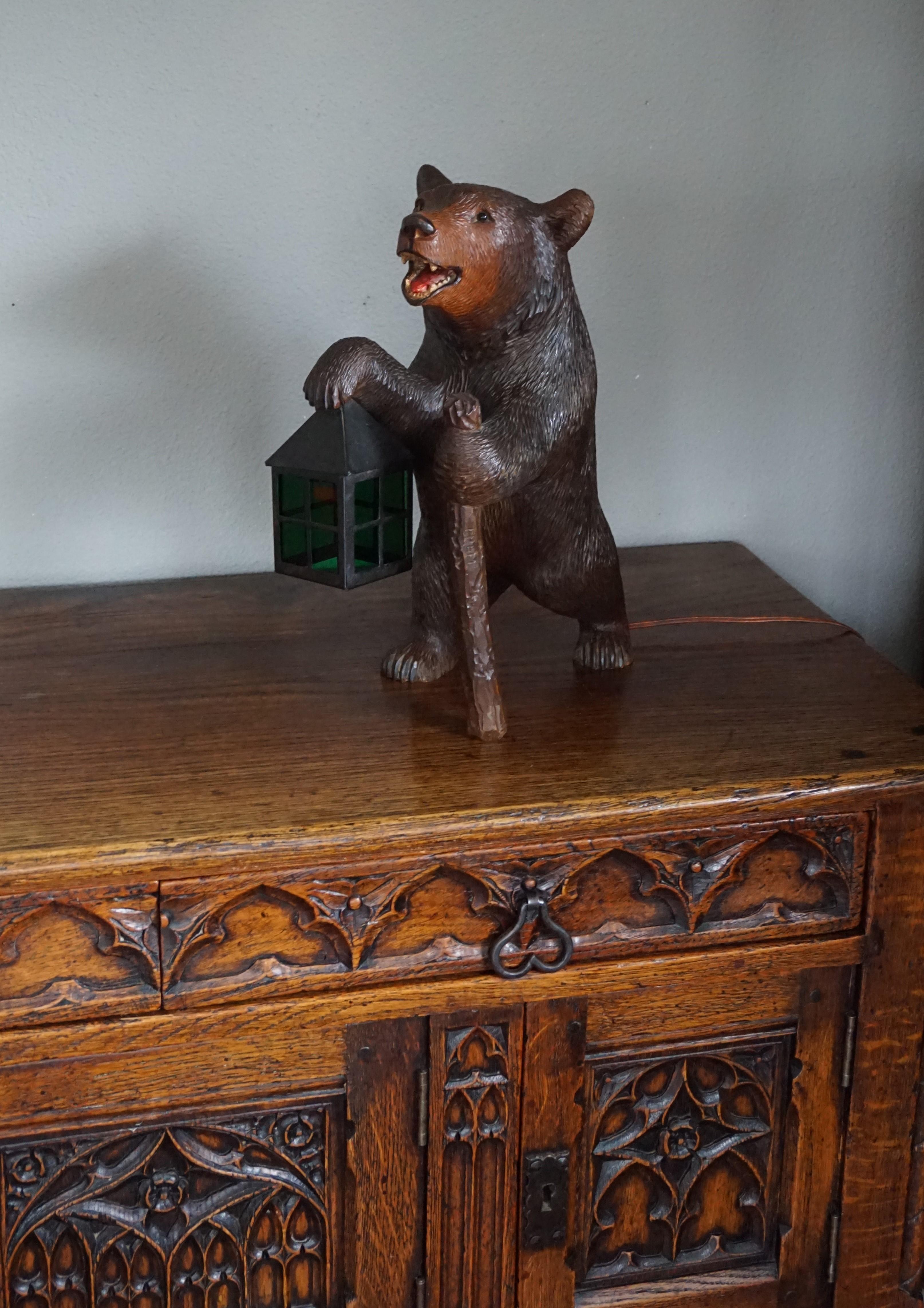 Antique Hand Carved Nutwood Swiss Black Forest Bear Table Lamp w. Maker's Marks 12