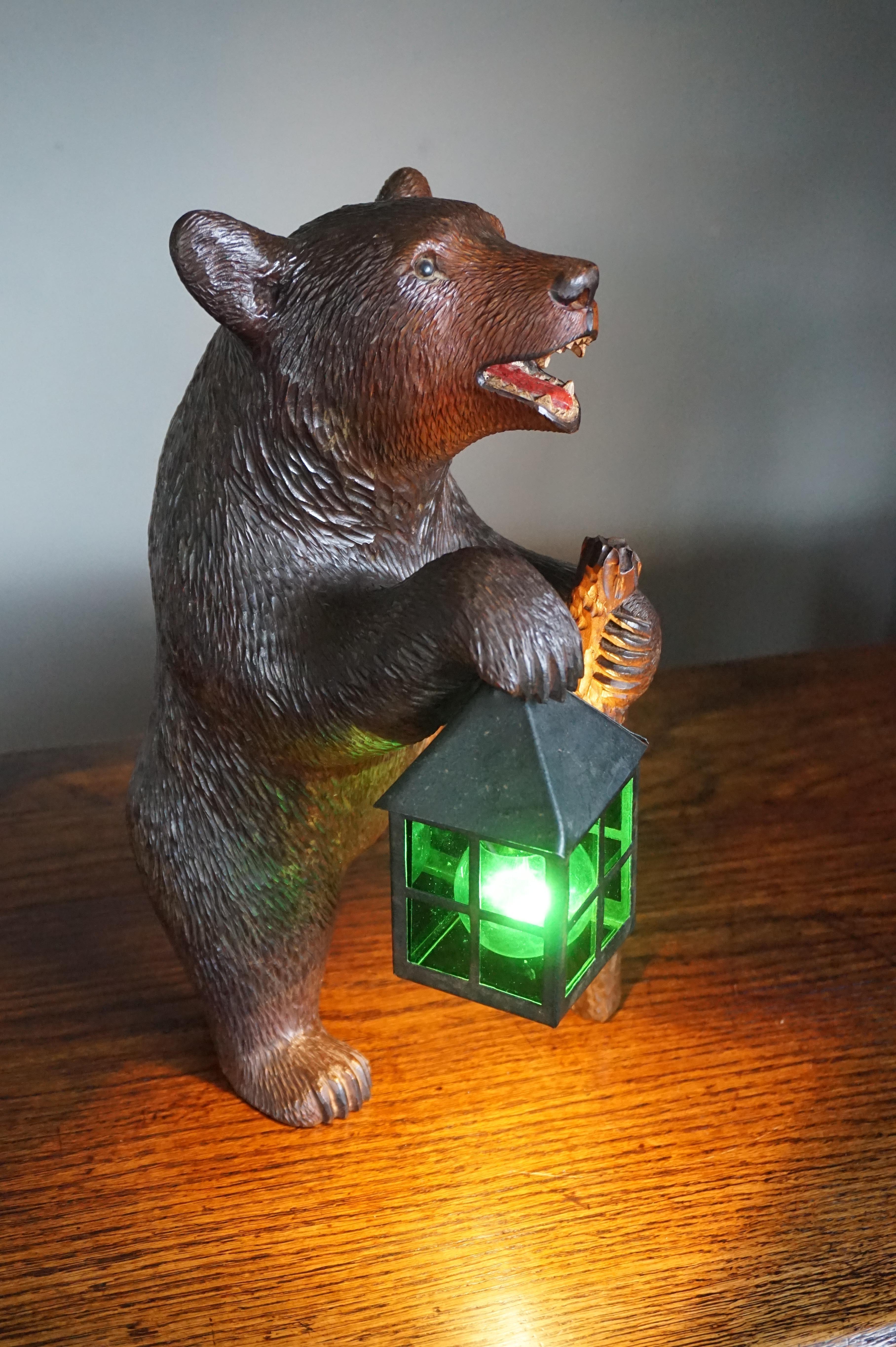 Metal Antique Hand Carved Nutwood Swiss Black Forest Bear Table Lamp w. Maker's Marks