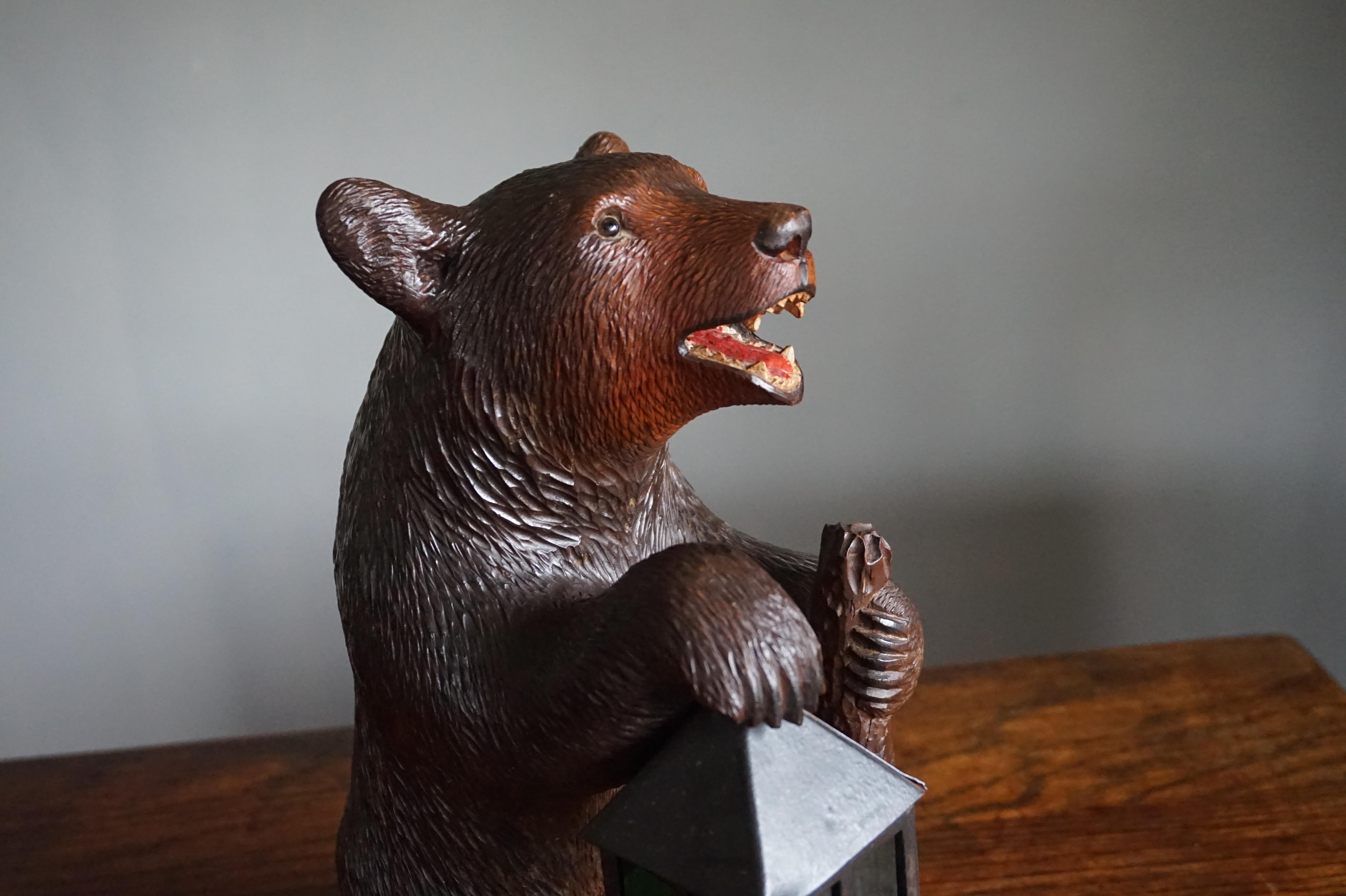 Antique Hand Carved Nutwood Swiss Black Forest Bear Table Lamp w. Maker's Marks 1