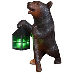 Antike handgeschnitzte Nussholz Schweizer Schwarzwaldbär Tischlampe w. Herstellermarken