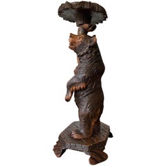 Antique Hand Carved Nutwood Swiss Black Forest Bear Table Stand with Hinging Head
