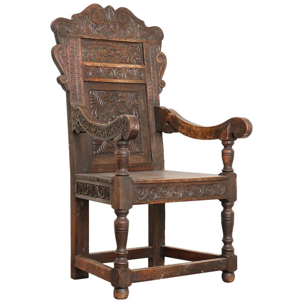 Antique Hand Carved Oak Armchair from Norway