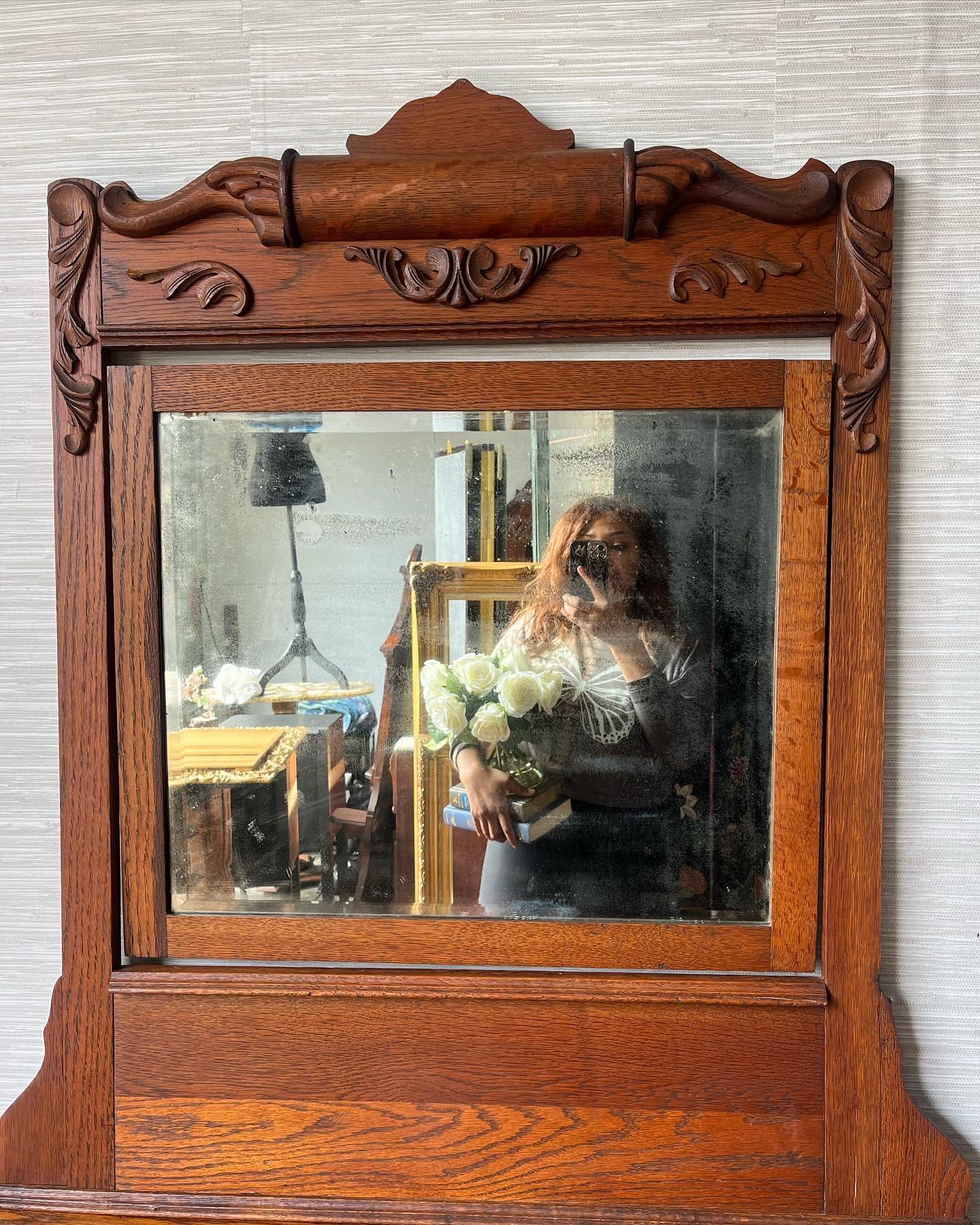 American Antique Hand Carved Oak Early 1900s Victorian Era 4 Drawer Mirrored Dresser For Sale