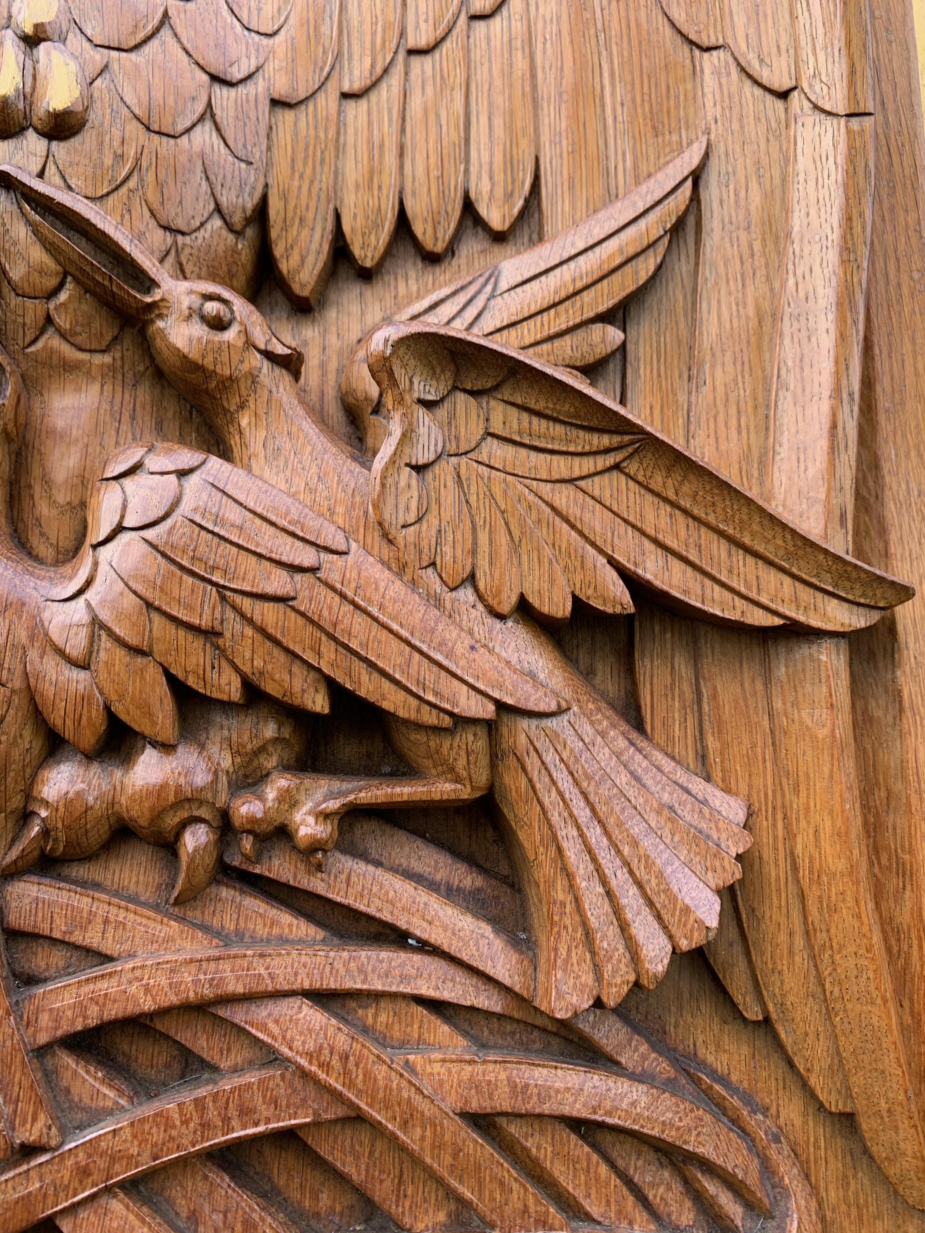 Antique Hand Carved Oak Gothic Art Panel of Feeding Pelican as Symbol of Christ 1