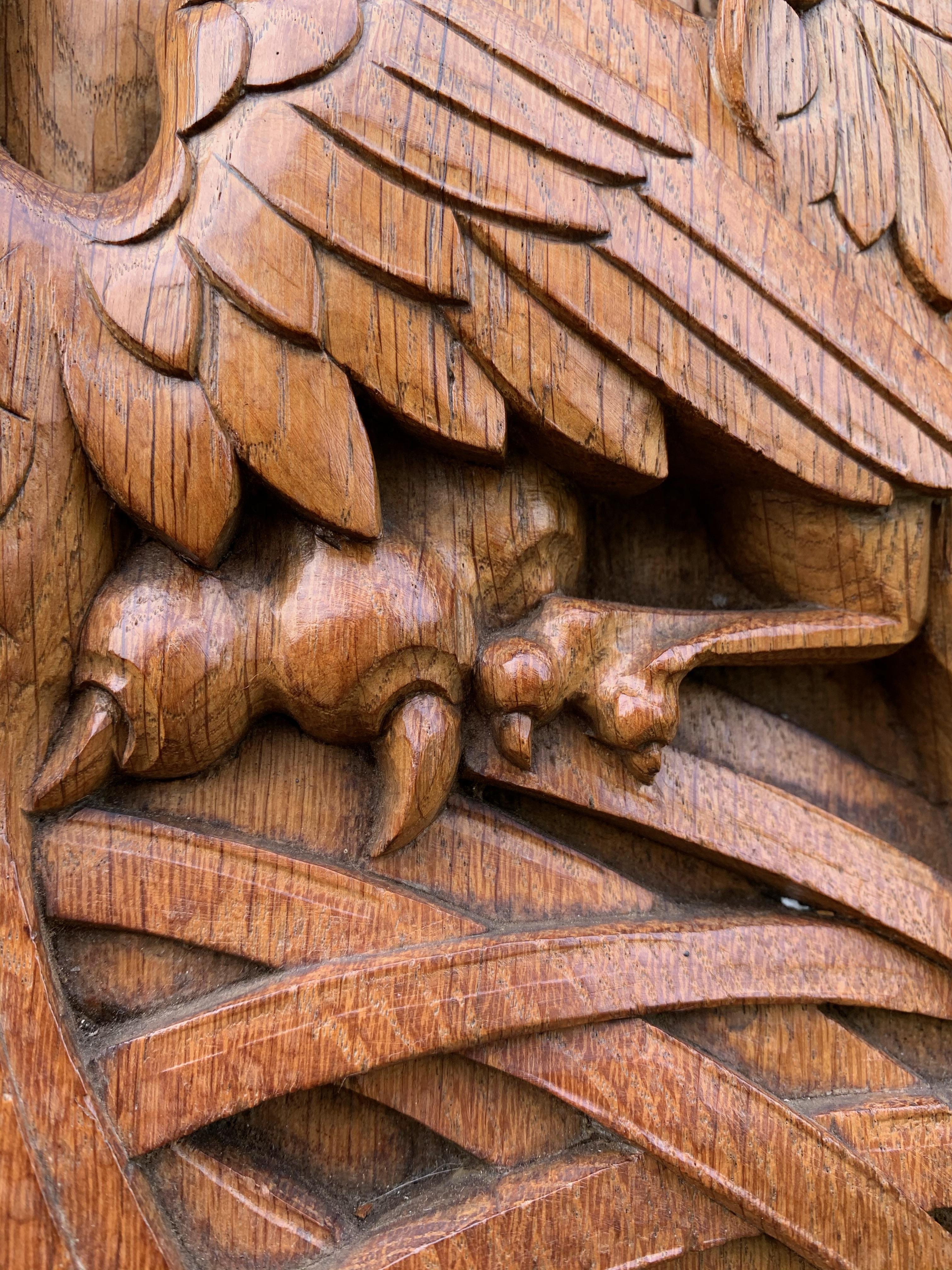 Antique Hand Carved Oak Gothic Art Panel of Feeding Pelican as Symbol of Christ 2