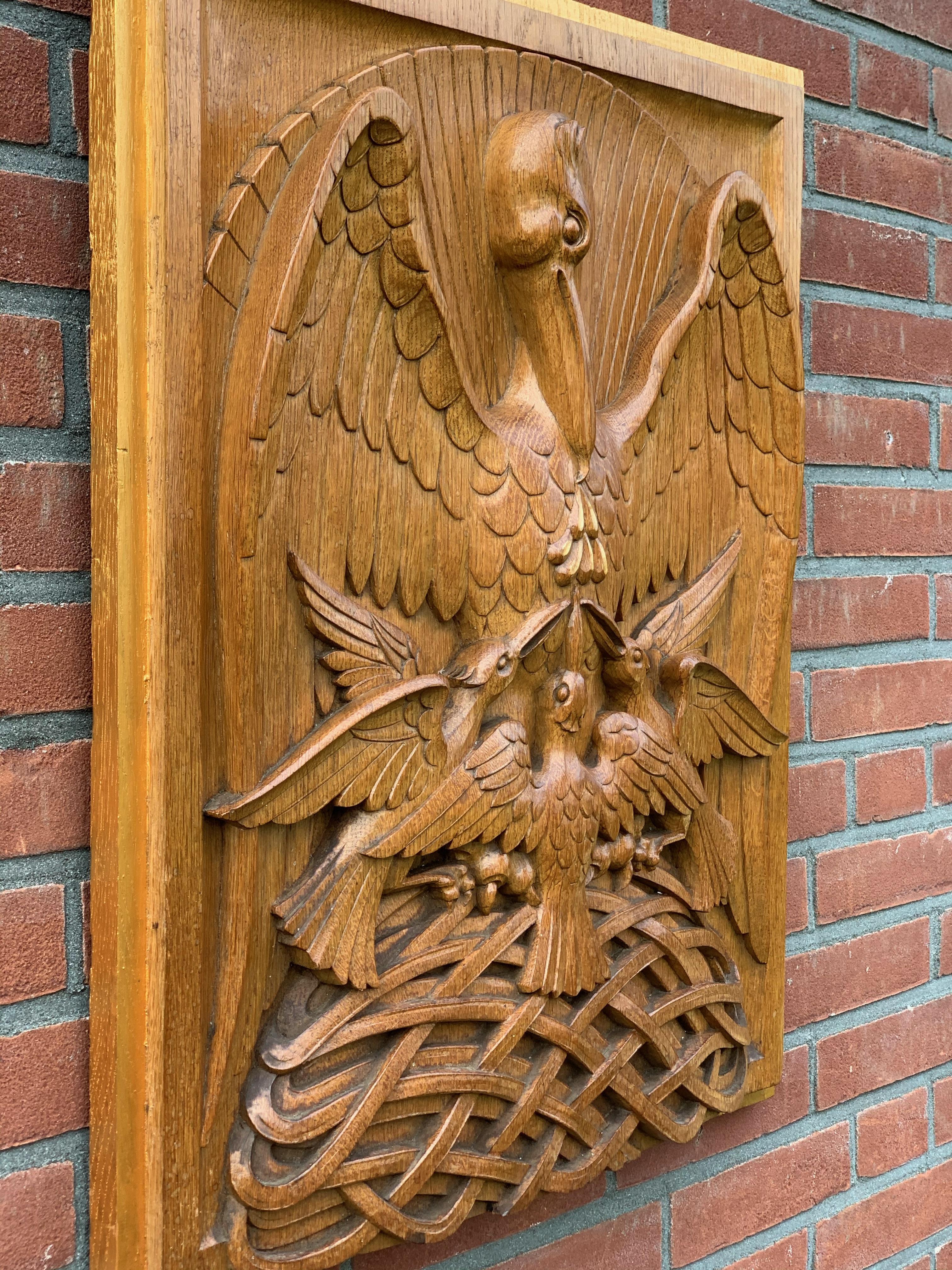 Antique Hand Carved Oak Gothic Art Panel of Feeding Pelican as Symbol of Christ 3