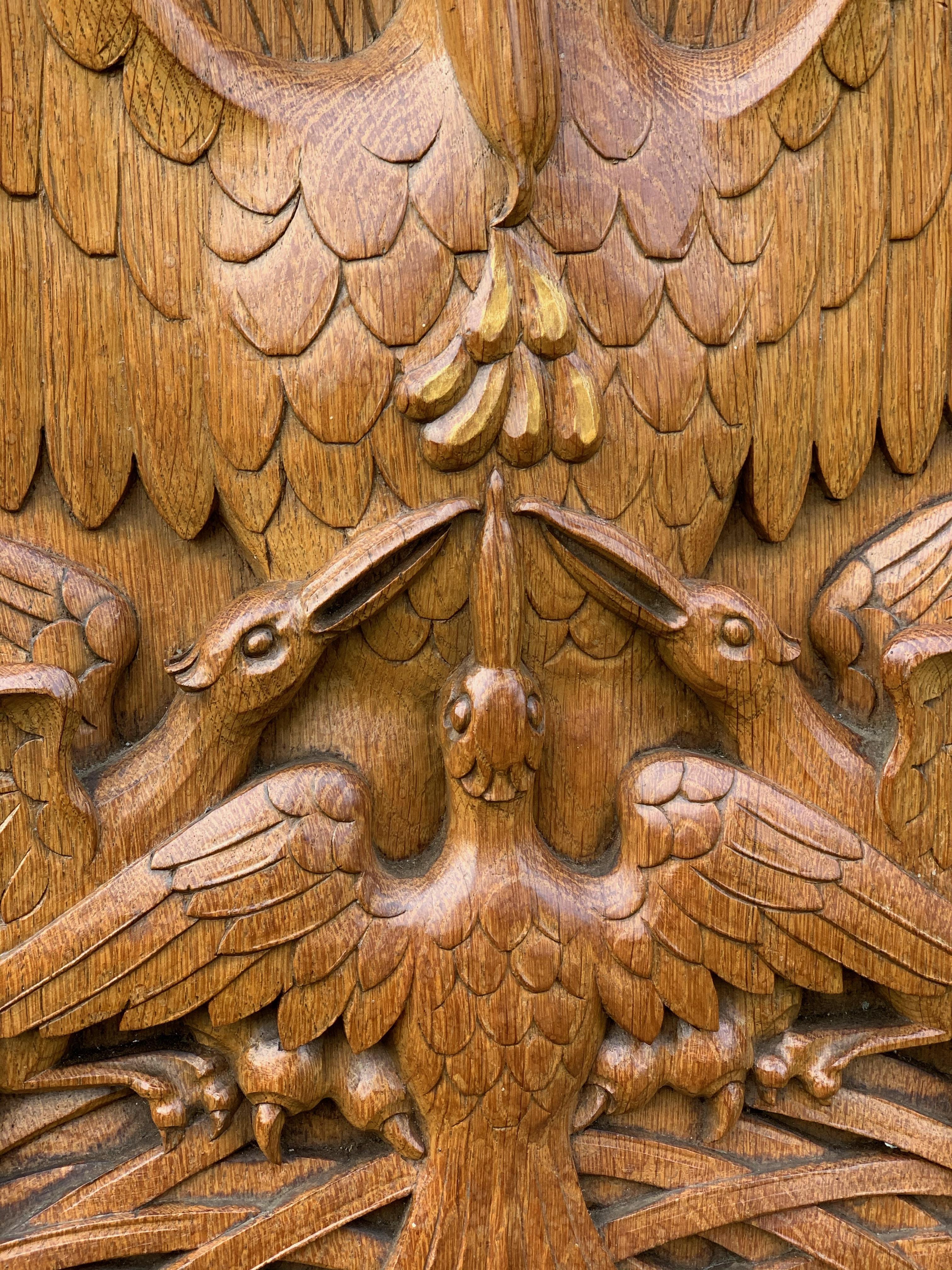 Antique Hand Carved Oak Gothic Art Panel of Feeding Pelican as Symbol of Christ 5