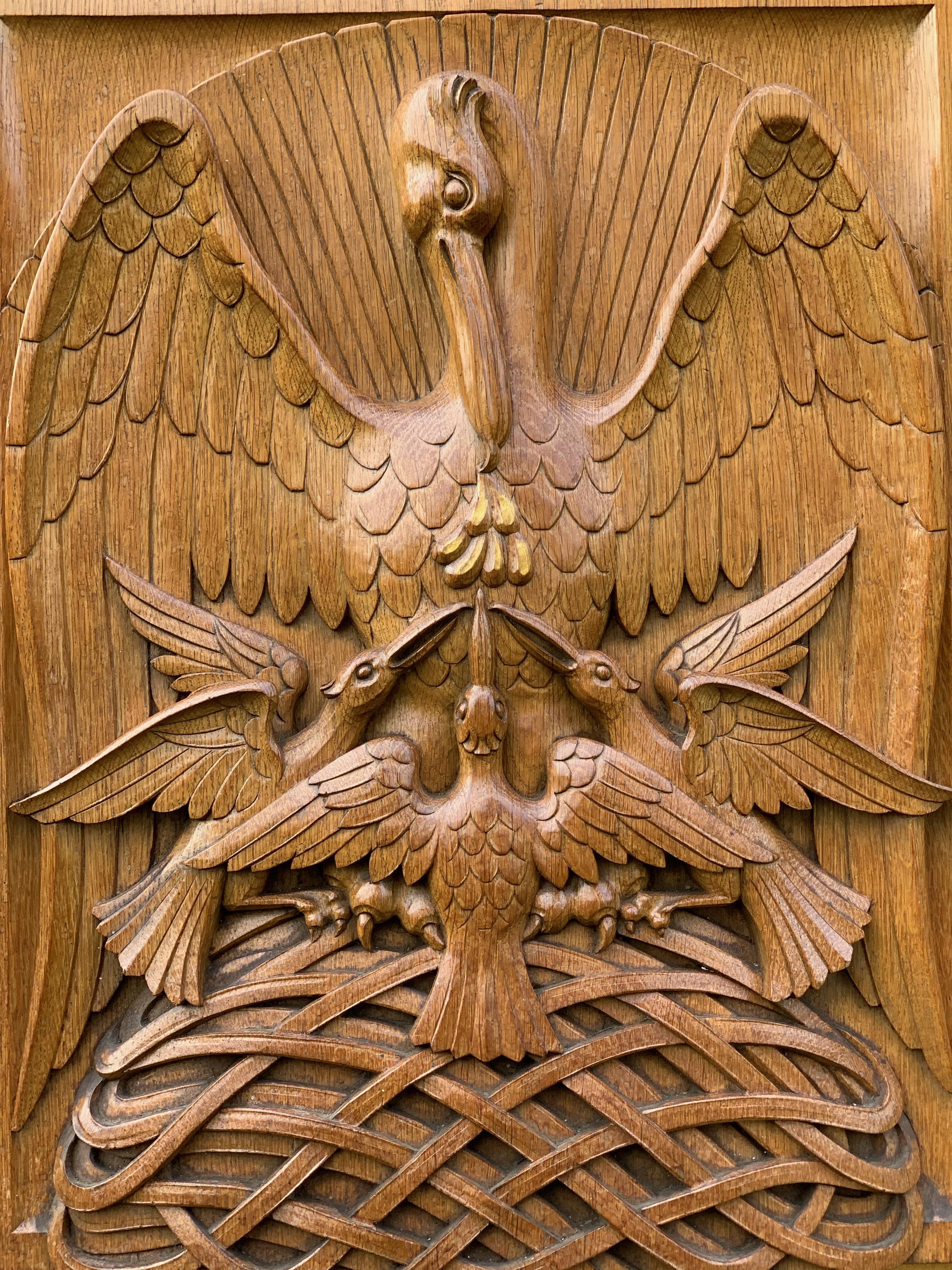 Antique Hand Carved Oak Gothic Art Panel of Feeding Pelican as Symbol of Christ 6