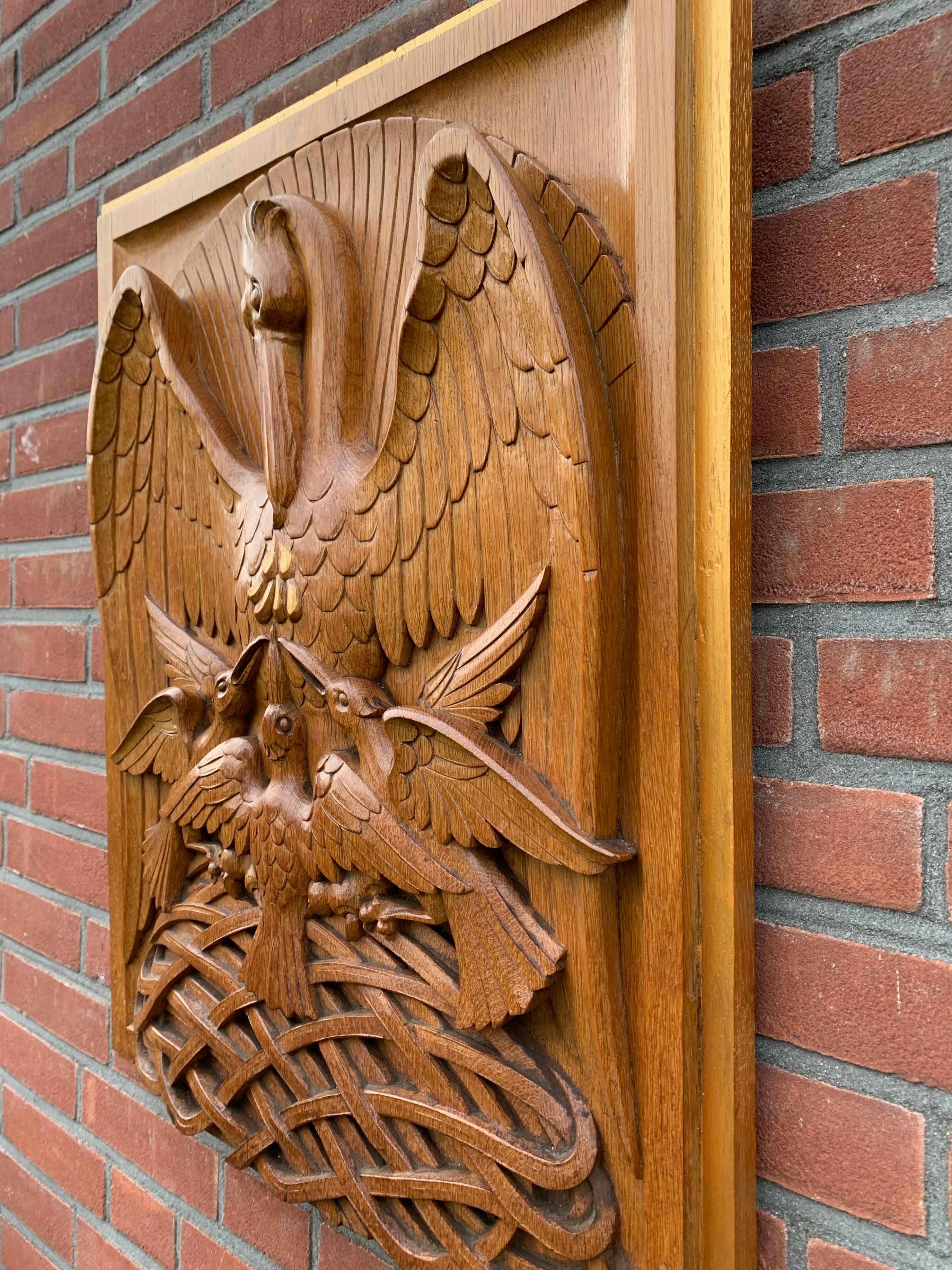 Antique Hand Carved Oak Gothic Art Panel of Feeding Pelican as Symbol of Christ 7