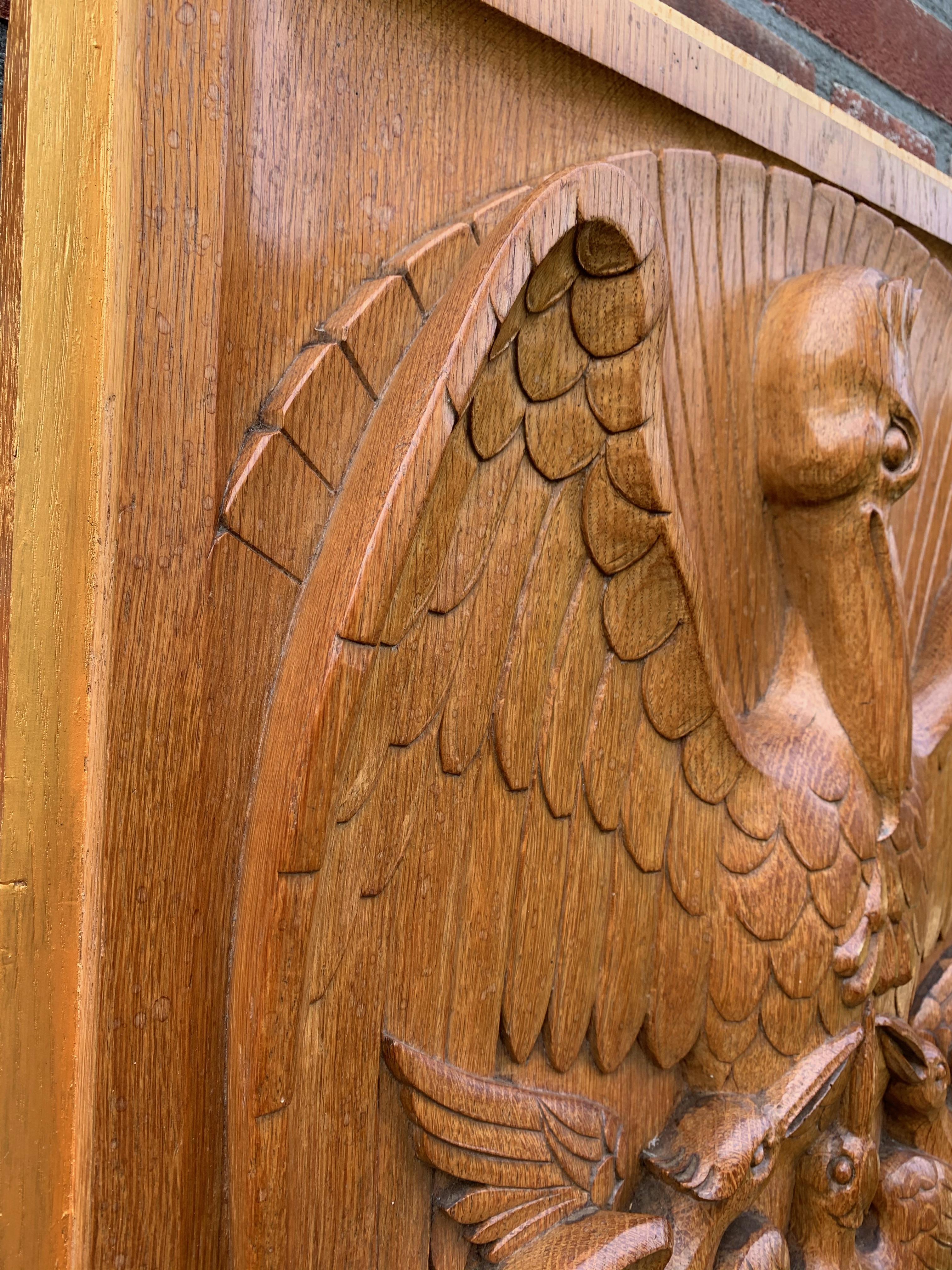 Antique Hand Carved Oak Gothic Art Panel of Feeding Pelican as Symbol of Christ 8