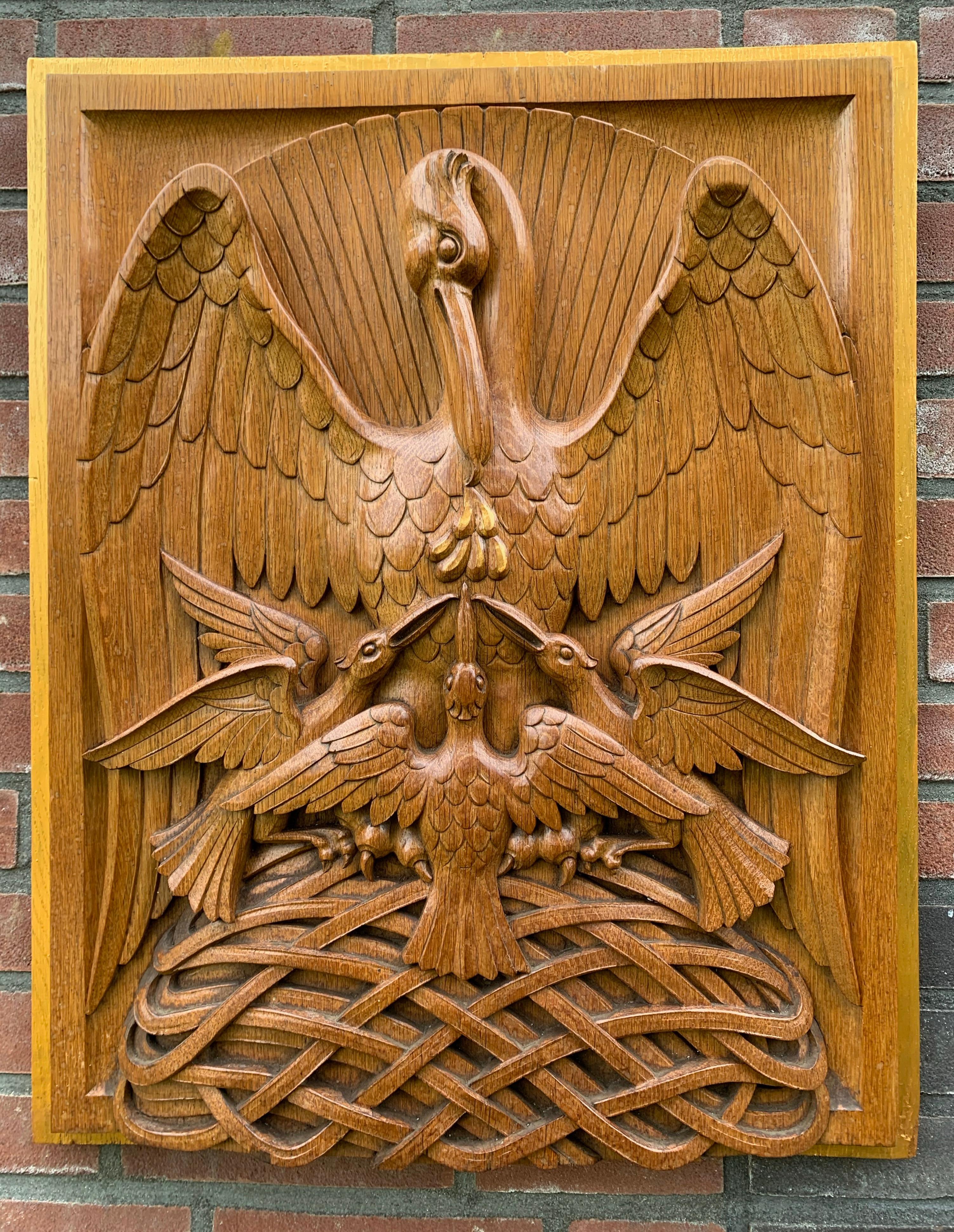 Stunning religious wall panel in thick relief with golden border.

The character ascribed to the pelican in this context is nearly as fabulous as that of the phœnix. From a clumsy, gluttonous, piscivorous water-bird, it was by the growth of legends