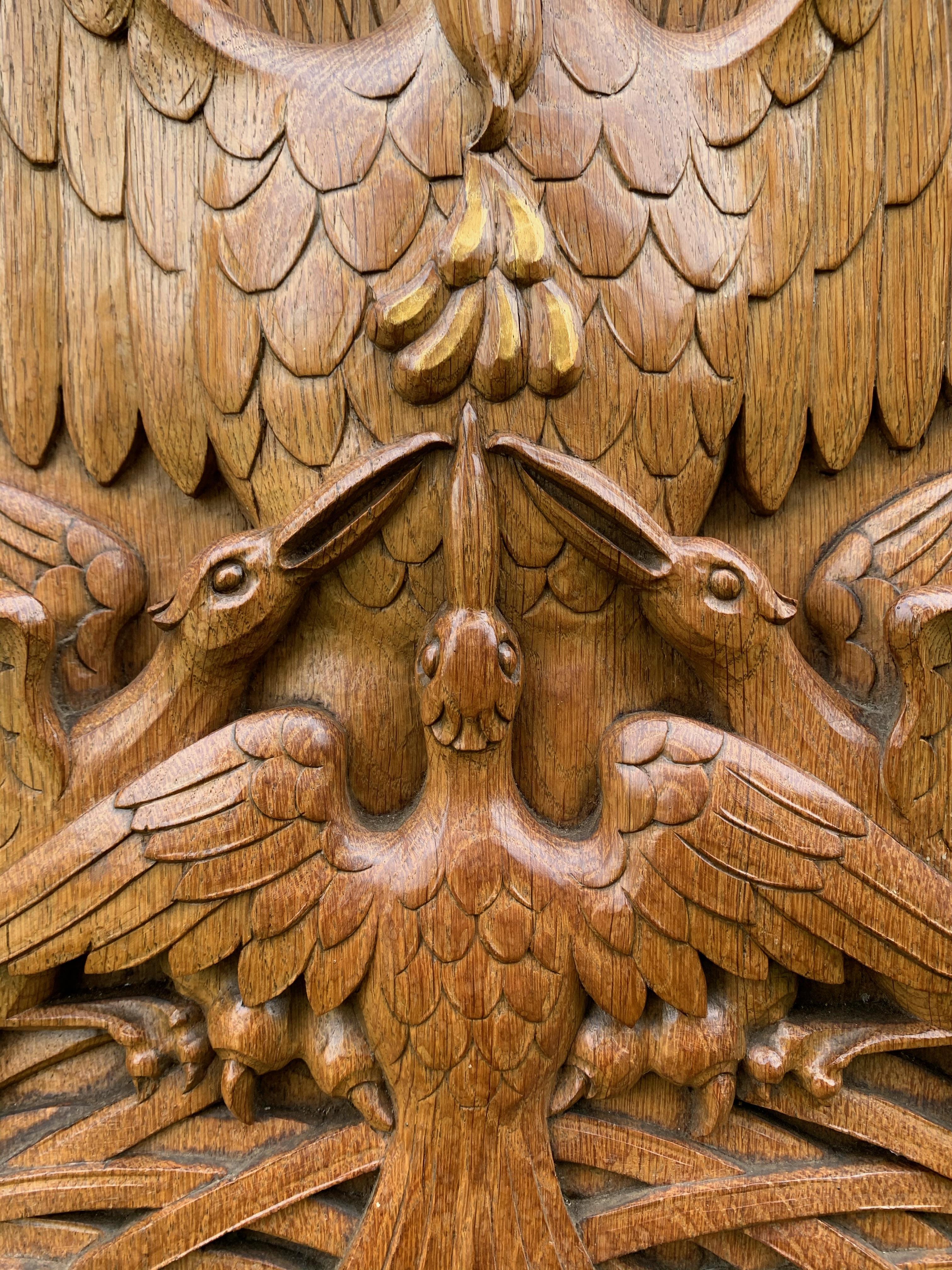 Gothic Revival Antique Hand Carved Oak Gothic Art Panel of Feeding Pelican as Symbol of Christ