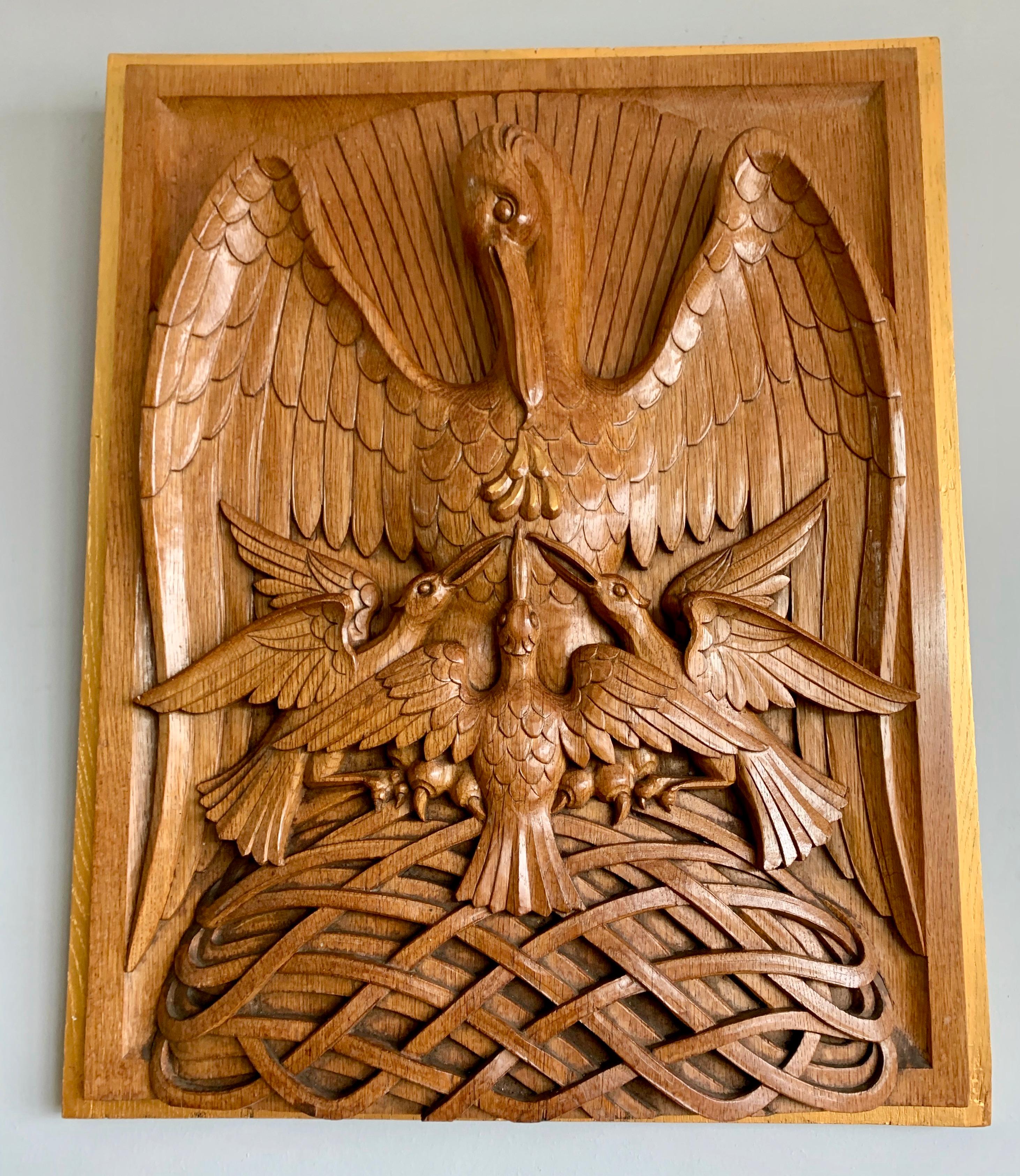Hand-Crafted Antique Hand Carved Oak Gothic Art Panel of Feeding Pelican as Symbol of Christ