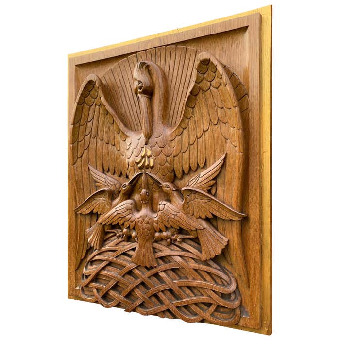 Antique Hand Carved Oak Gothic Art Panel of Feeding Pelican as Symbol ...