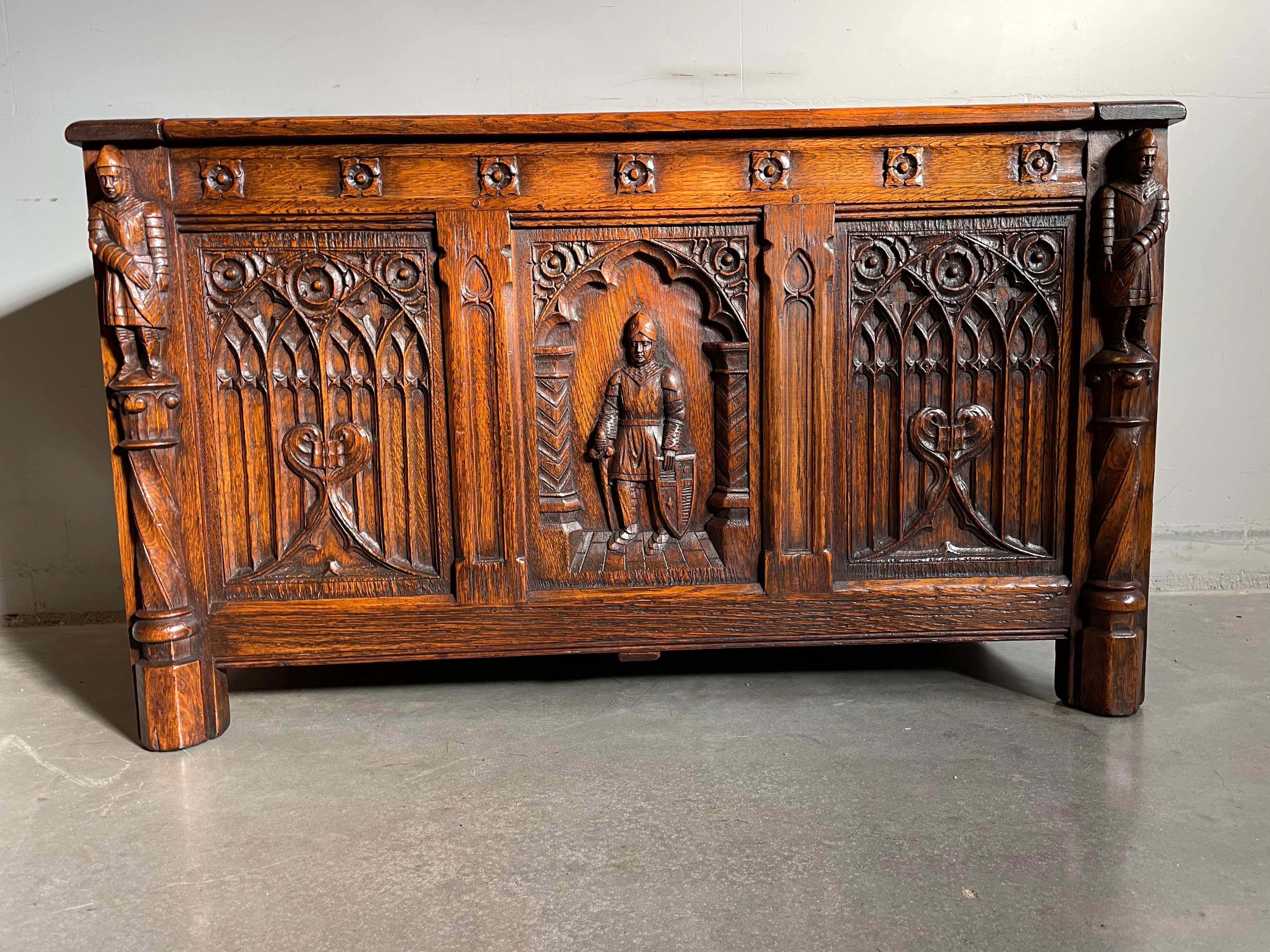 Antique Hand Carved Oak Gothic Blanket Chest w. Church Window Panels & Knight For Sale 3