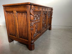Antique Hand Carved Oak Gothic Blanket Chest w. Church Window Panels & Knight