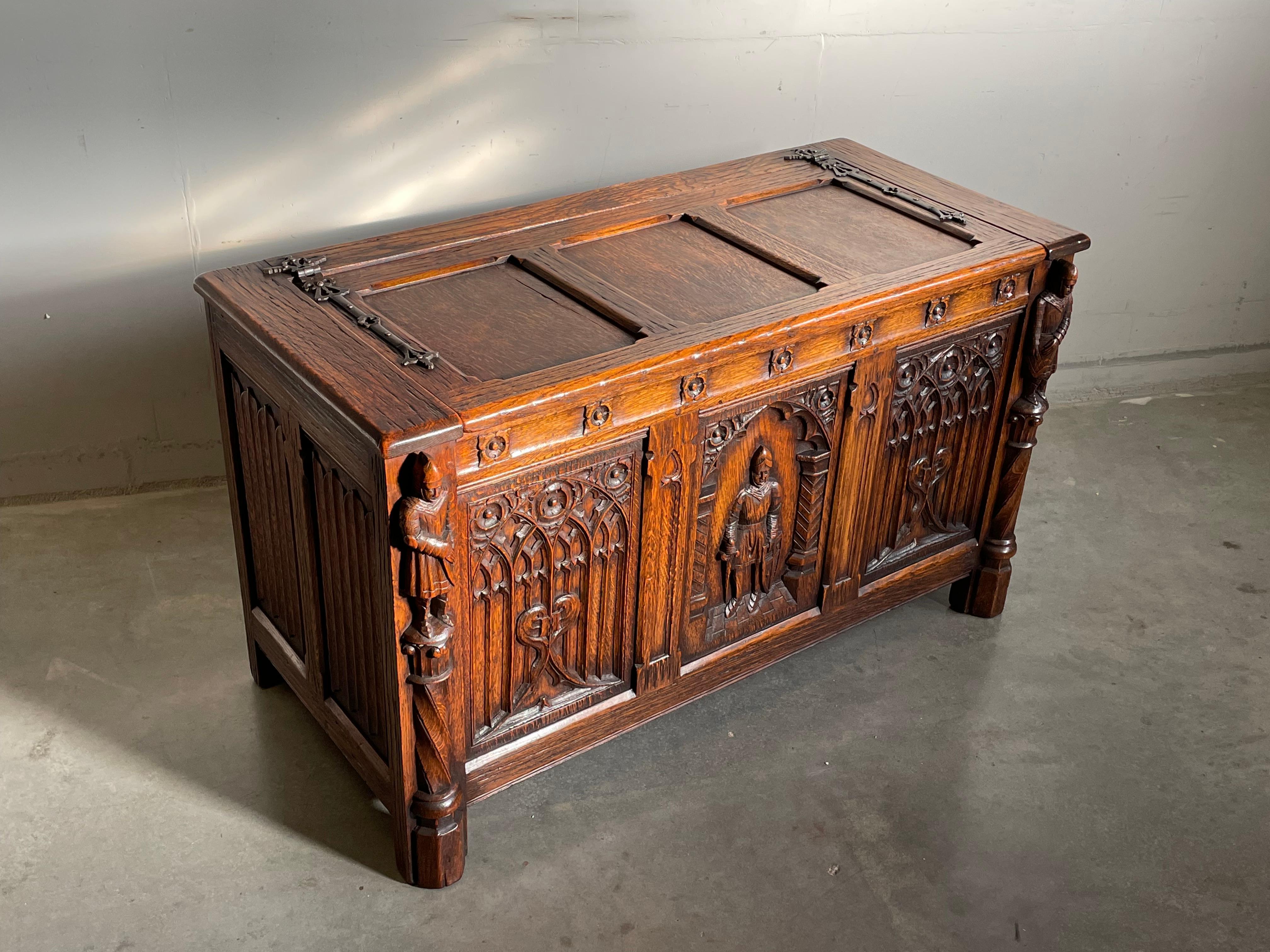 Antique Hand Carved Oak Gothic Blanket Chest w. Church Window Panels & Knight For Sale 11