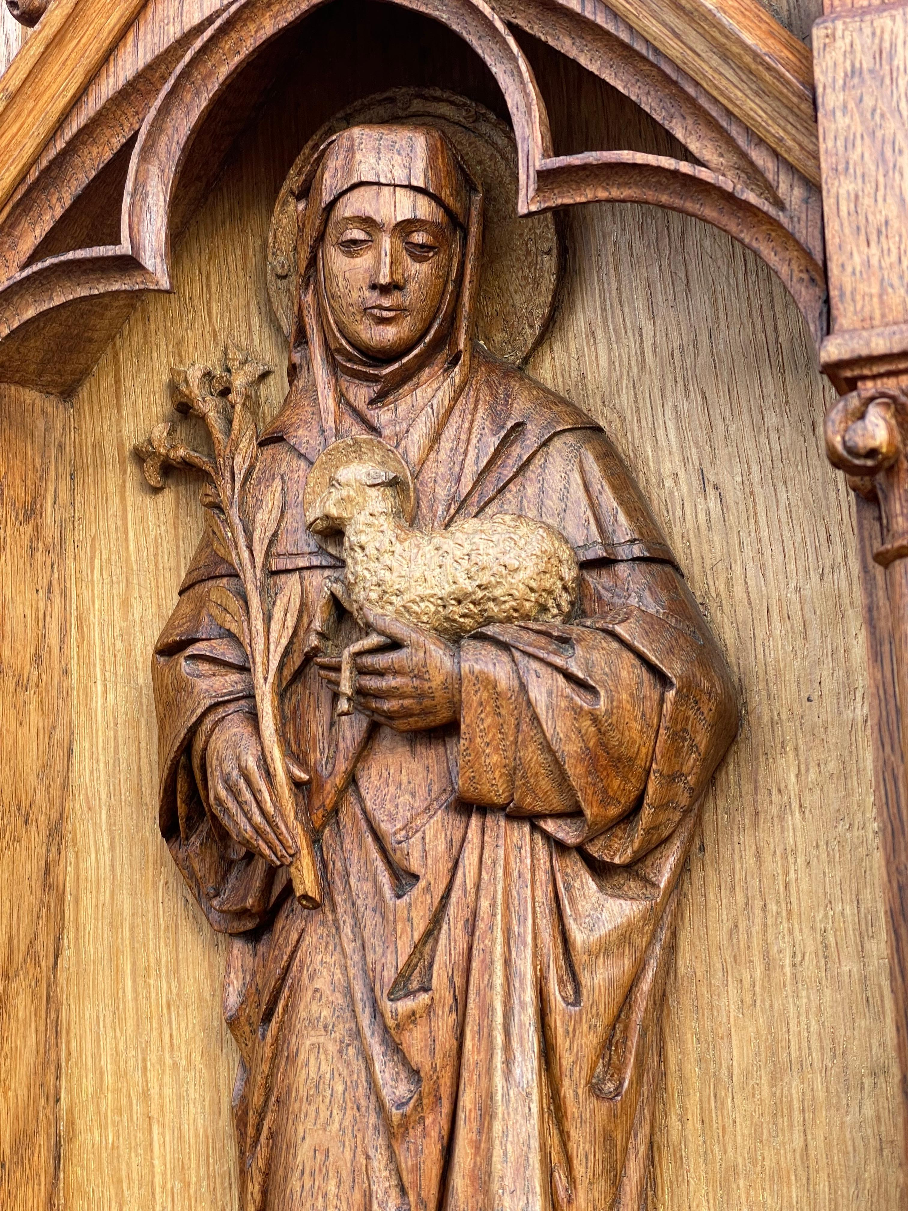Antique Hand Carved Oak Gothic Church Wall Panel of Saint Agnes Holding Lamb 2