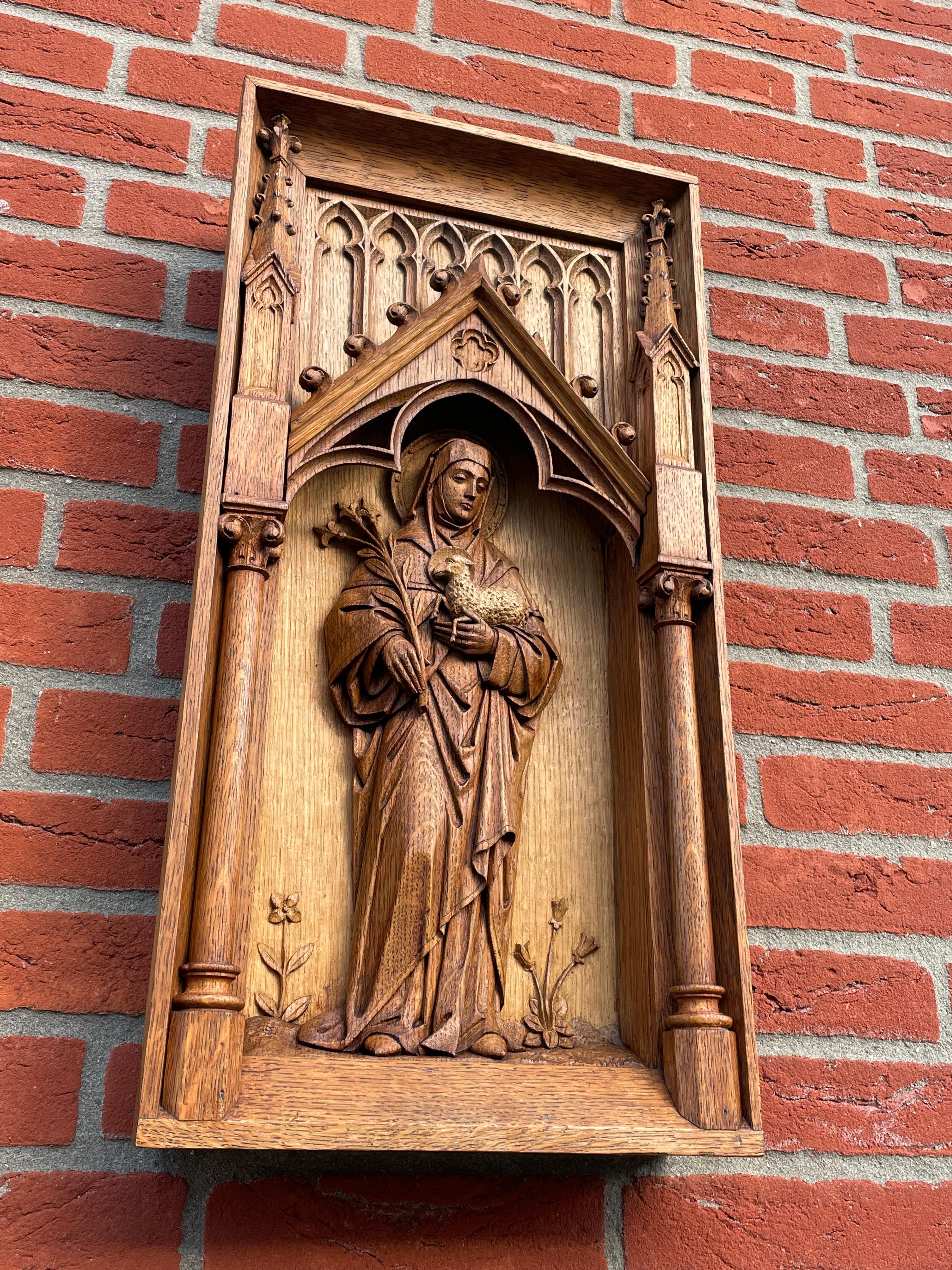 Antique Hand Carved Oak Gothic Church Wall Panel of Saint Agnes Holding Lamb 3