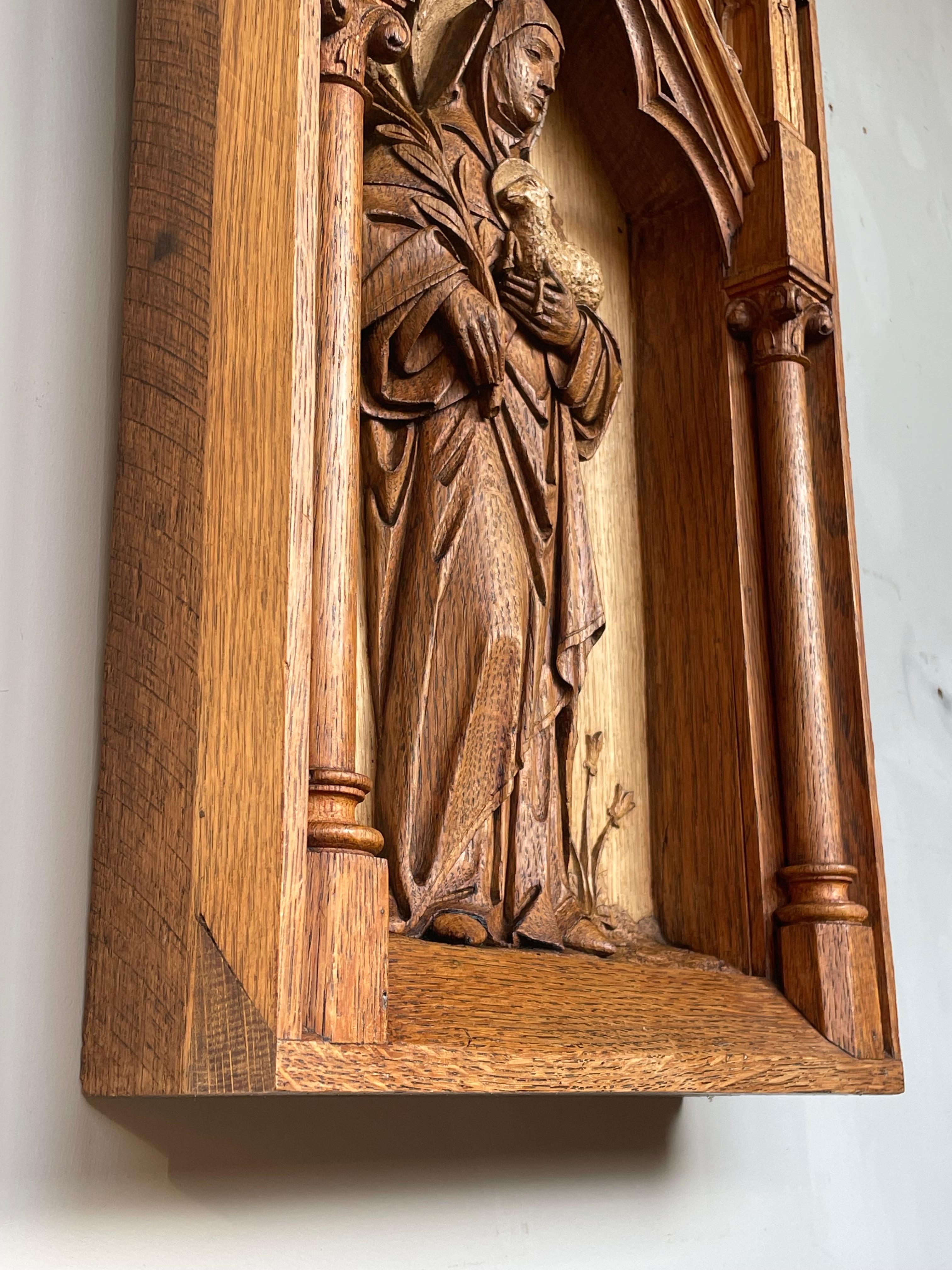 Antique Hand Carved Oak Gothic Church Wall Panel of Saint Agnes Holding Lamb 5