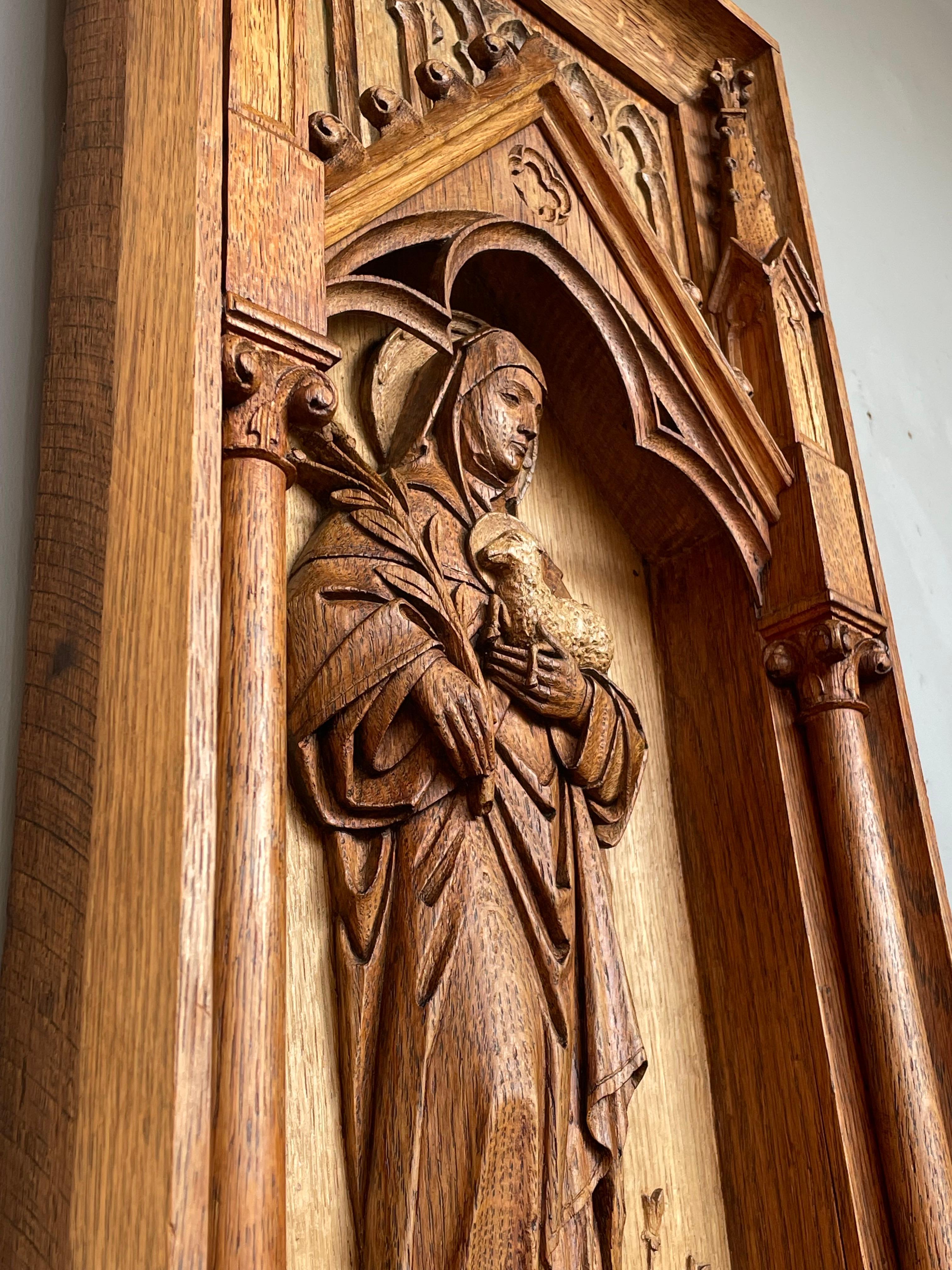 Antique Hand Carved Oak Gothic Church Wall Panel of Saint Agnes Holding Lamb 6