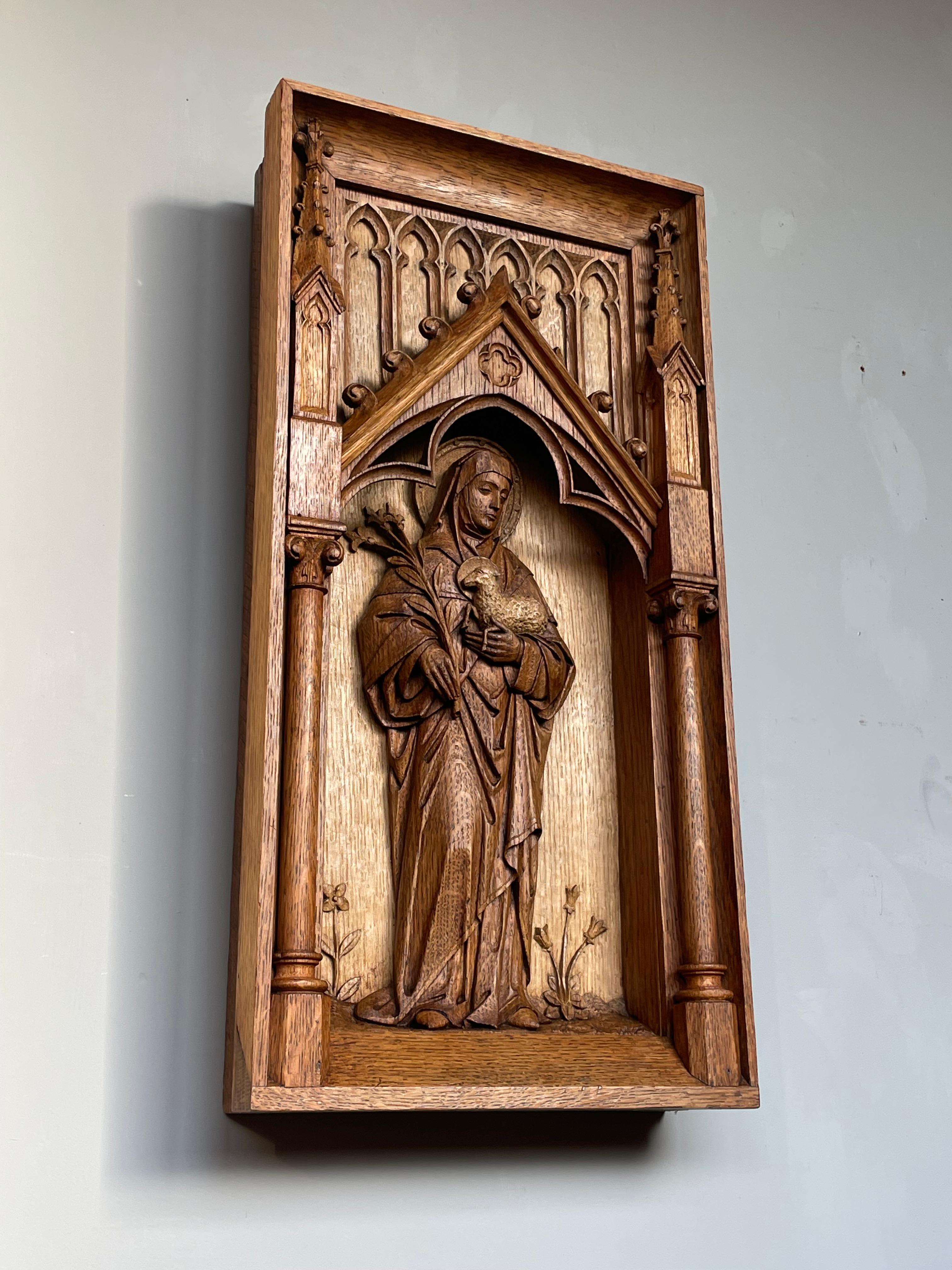 Antique Hand Carved Oak Gothic Church Wall Panel of Saint Agnes Holding Lamb 7