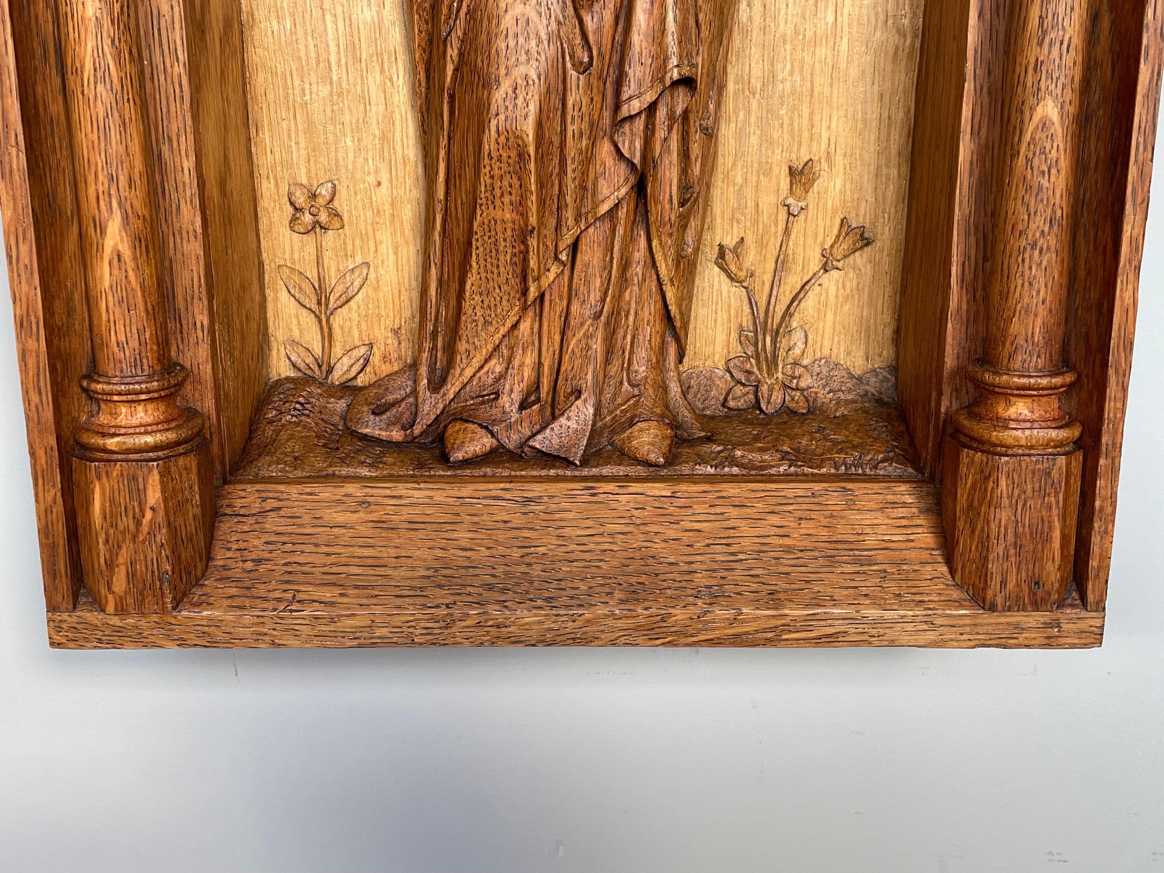 Antique Hand Carved Oak Gothic Church Wall Panel of Saint Agnes Holding Lamb 8
