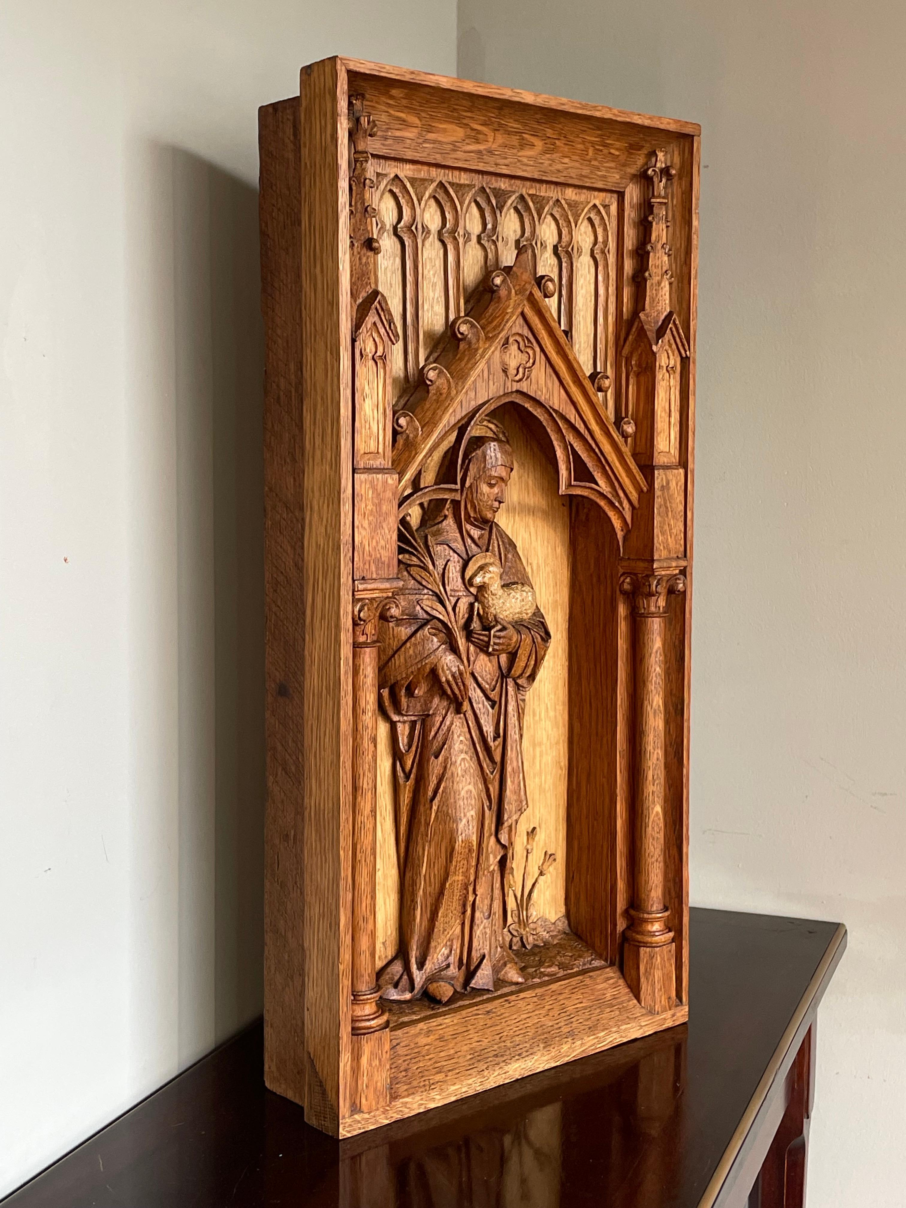 Antique Hand Carved Oak Gothic Church Wall Panel of Saint Agnes Holding Lamb 9
