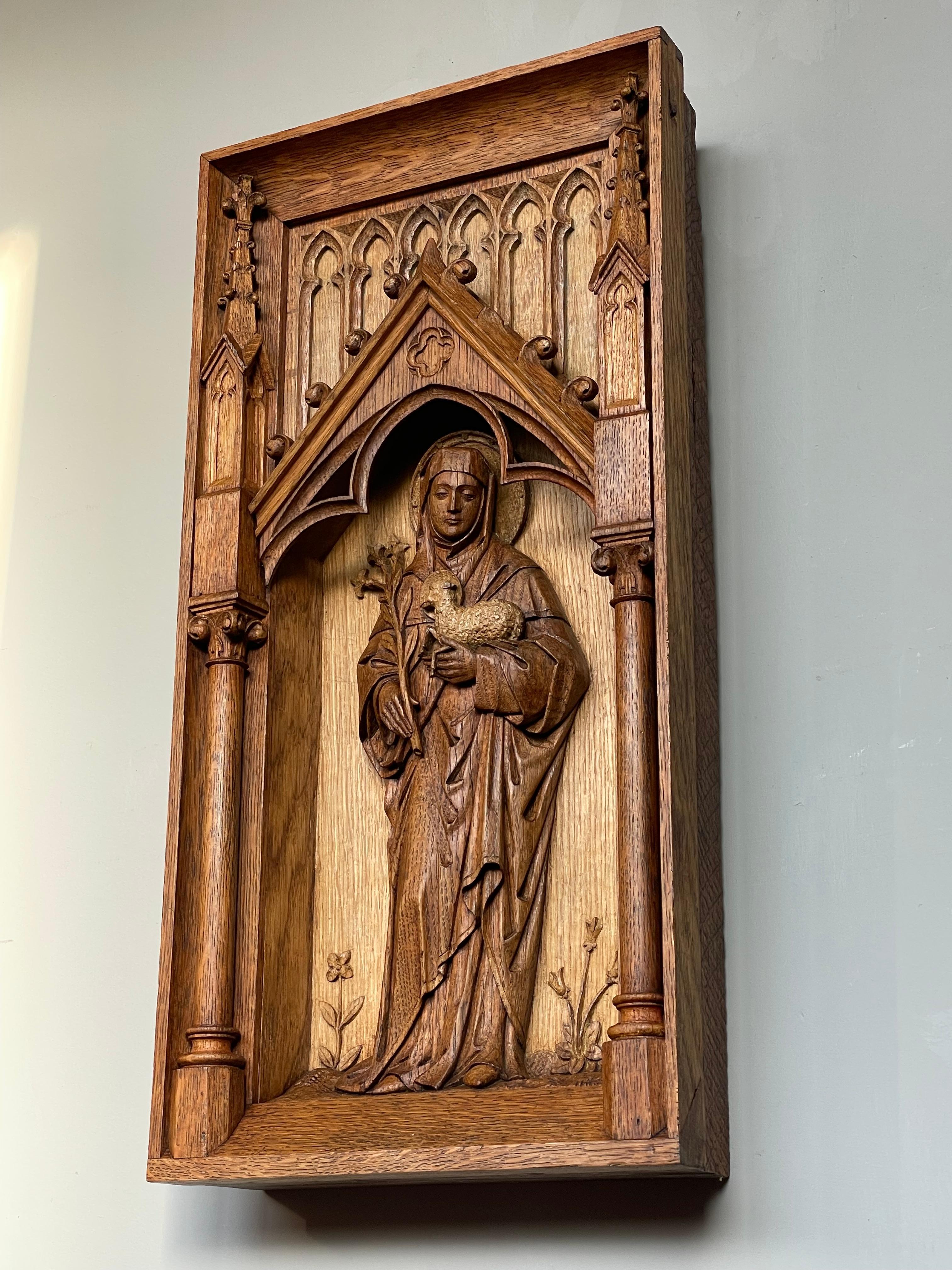 Antique Hand Carved Oak Gothic Church Wall Panel of Saint Agnes Holding Lamb 10