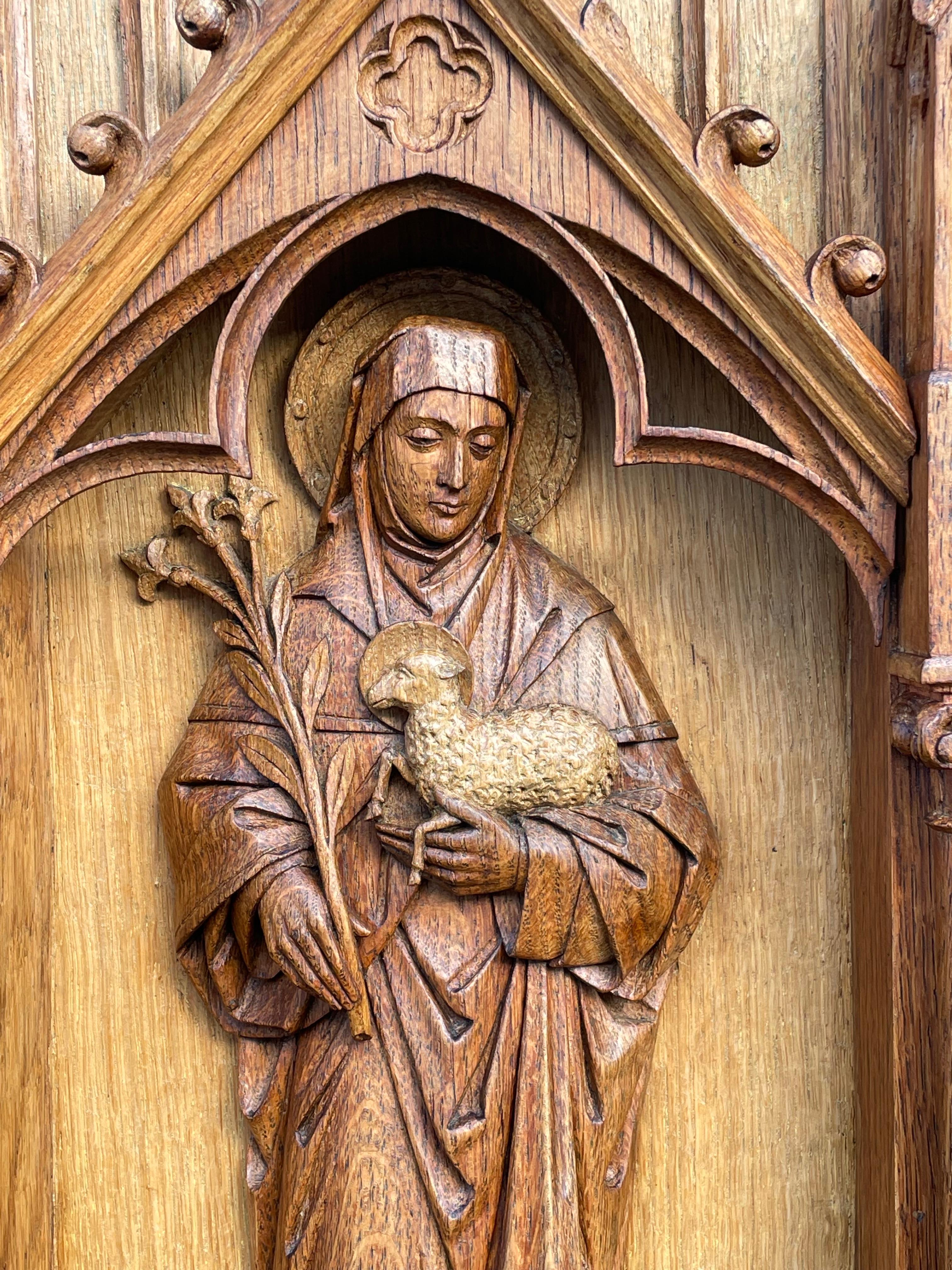 Antique Hand Carved Oak Gothic Church Wall Panel of Saint Agnes Holding Lamb 11