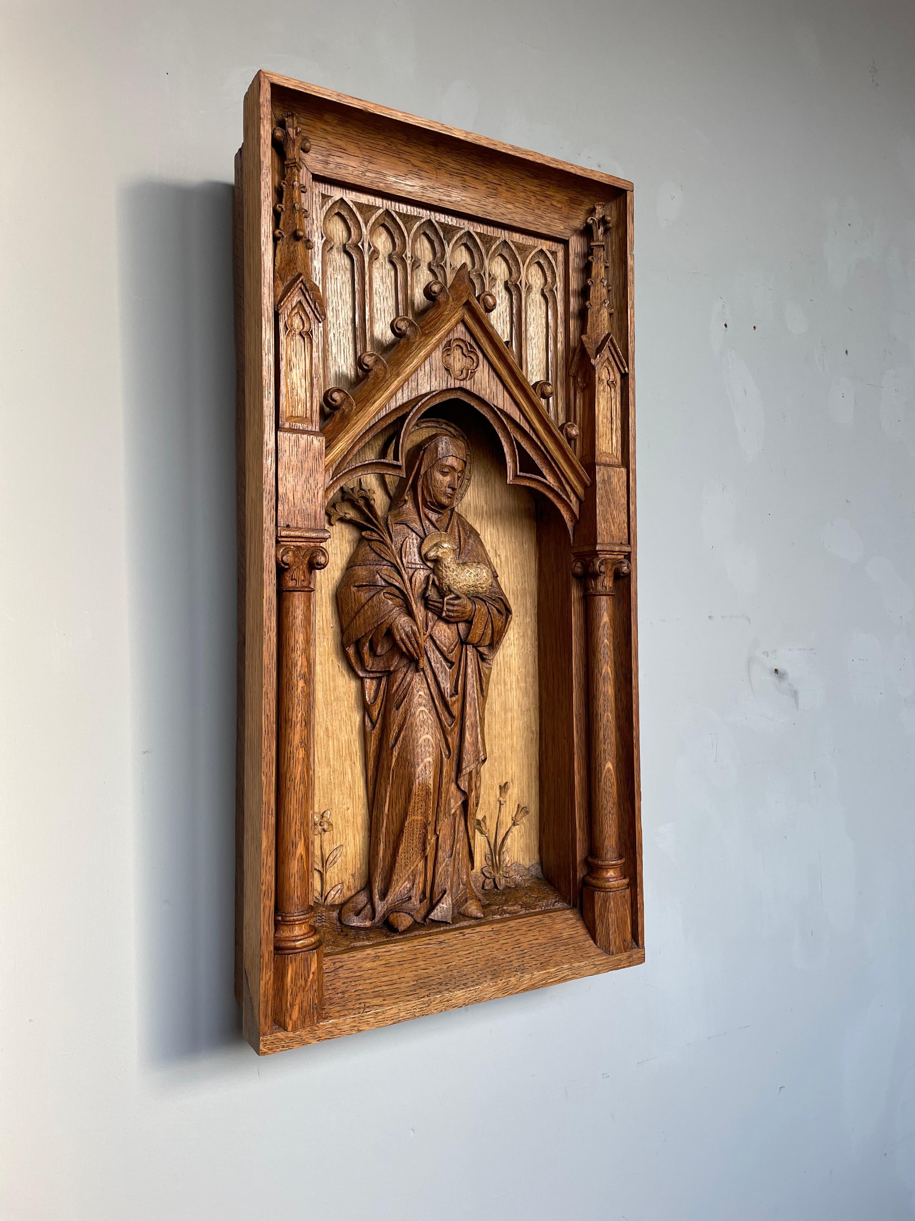 Antique Hand Carved Oak Gothic Church Wall Panel of Saint Agnes Holding Lamb 12