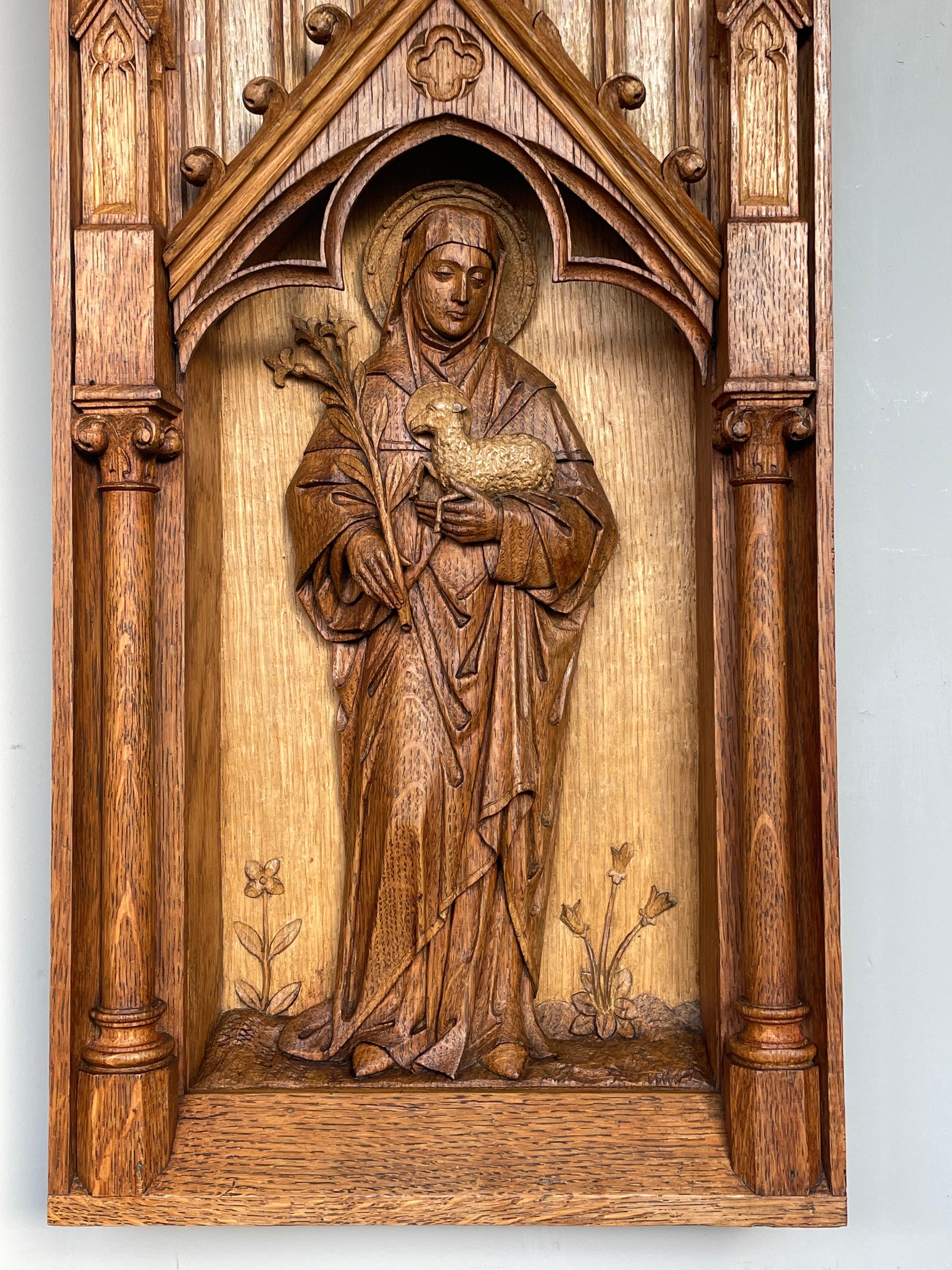 Gothic Revival Antique Hand Carved Oak Gothic Church Wall Panel of Saint Agnes Holding Lamb