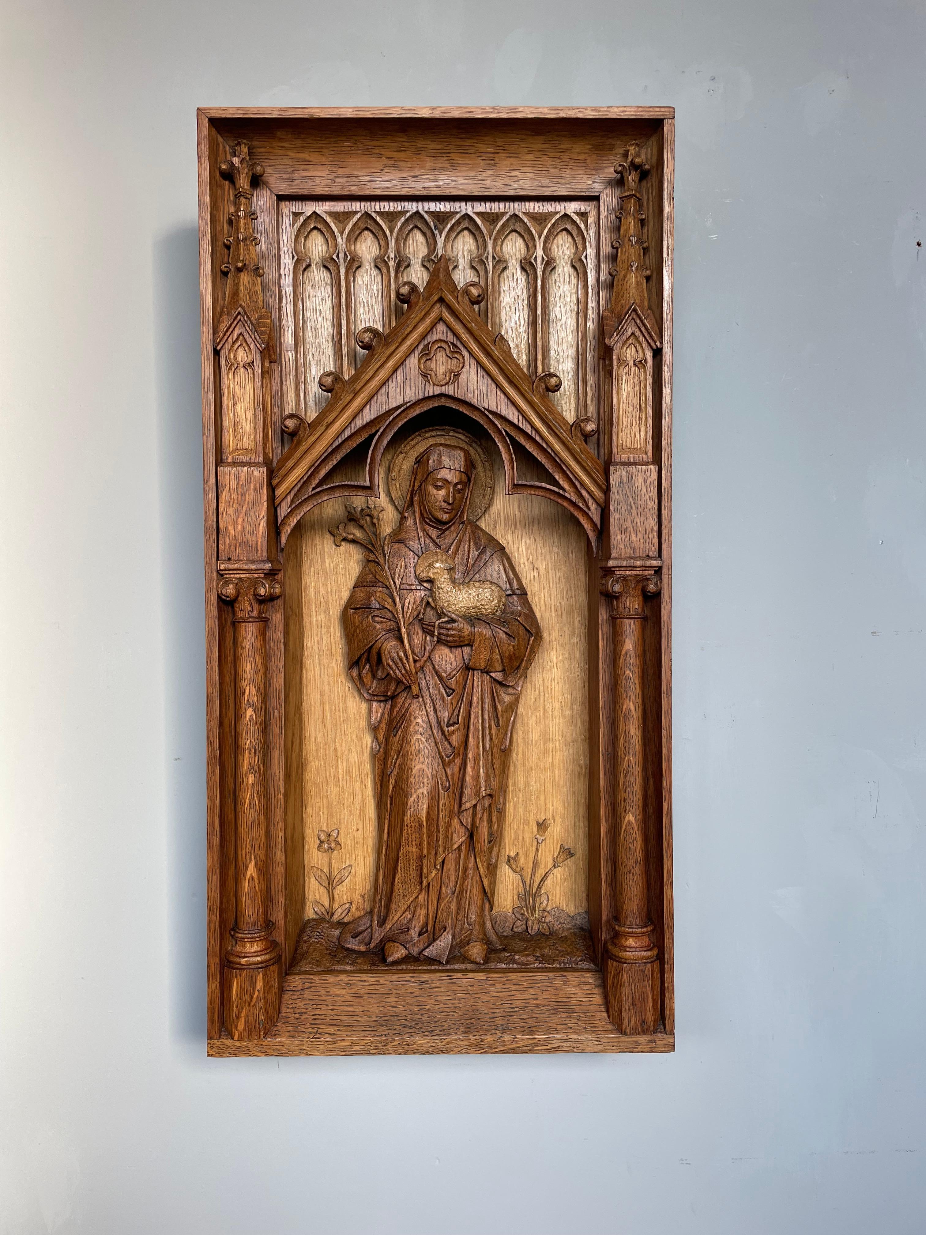 French Antique Hand Carved Oak Gothic Church Wall Panel of Saint Agnes Holding Lamb