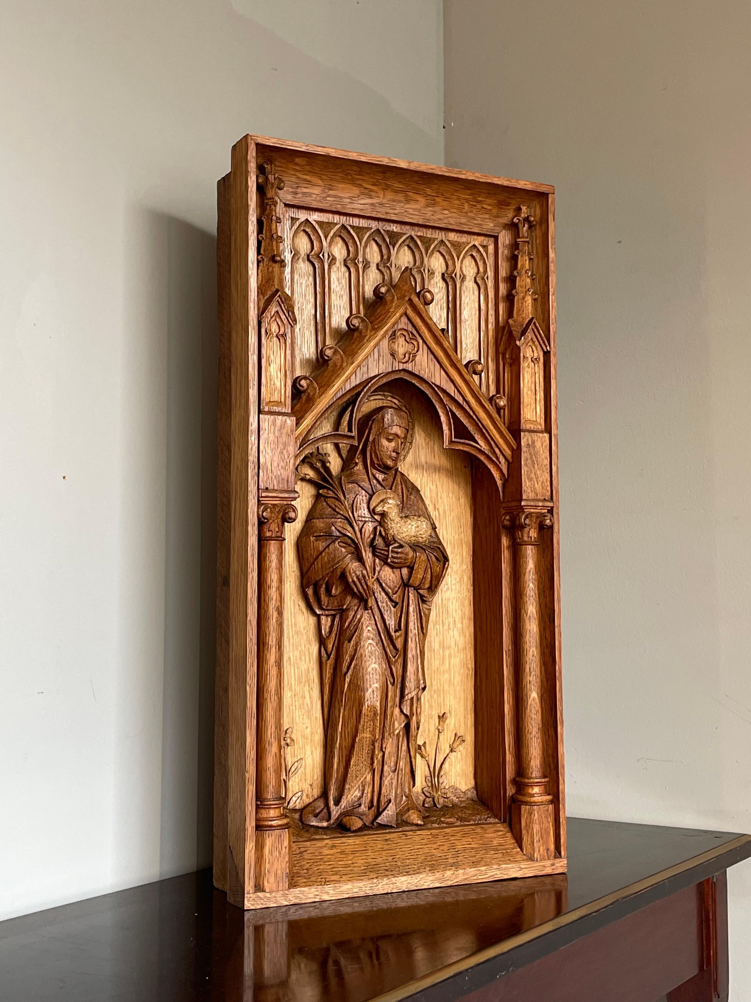 Hand-Crafted Antique Hand Carved Oak Gothic Church Wall Panel of Saint Agnes Holding Lamb