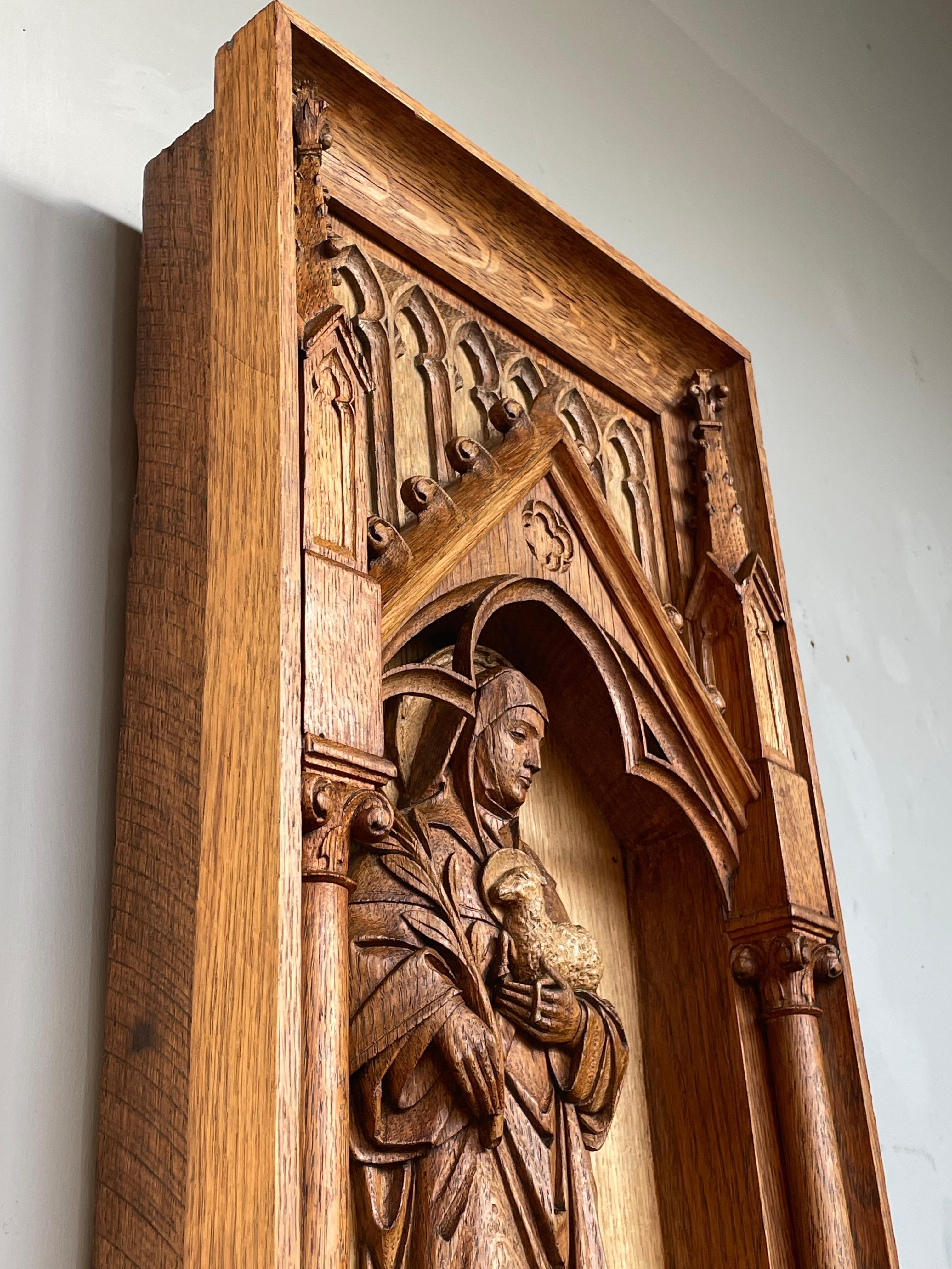 Antique Hand Carved Oak Gothic Church Wall Panel of Saint Agnes Holding Lamb In Good Condition In Lisse, NL