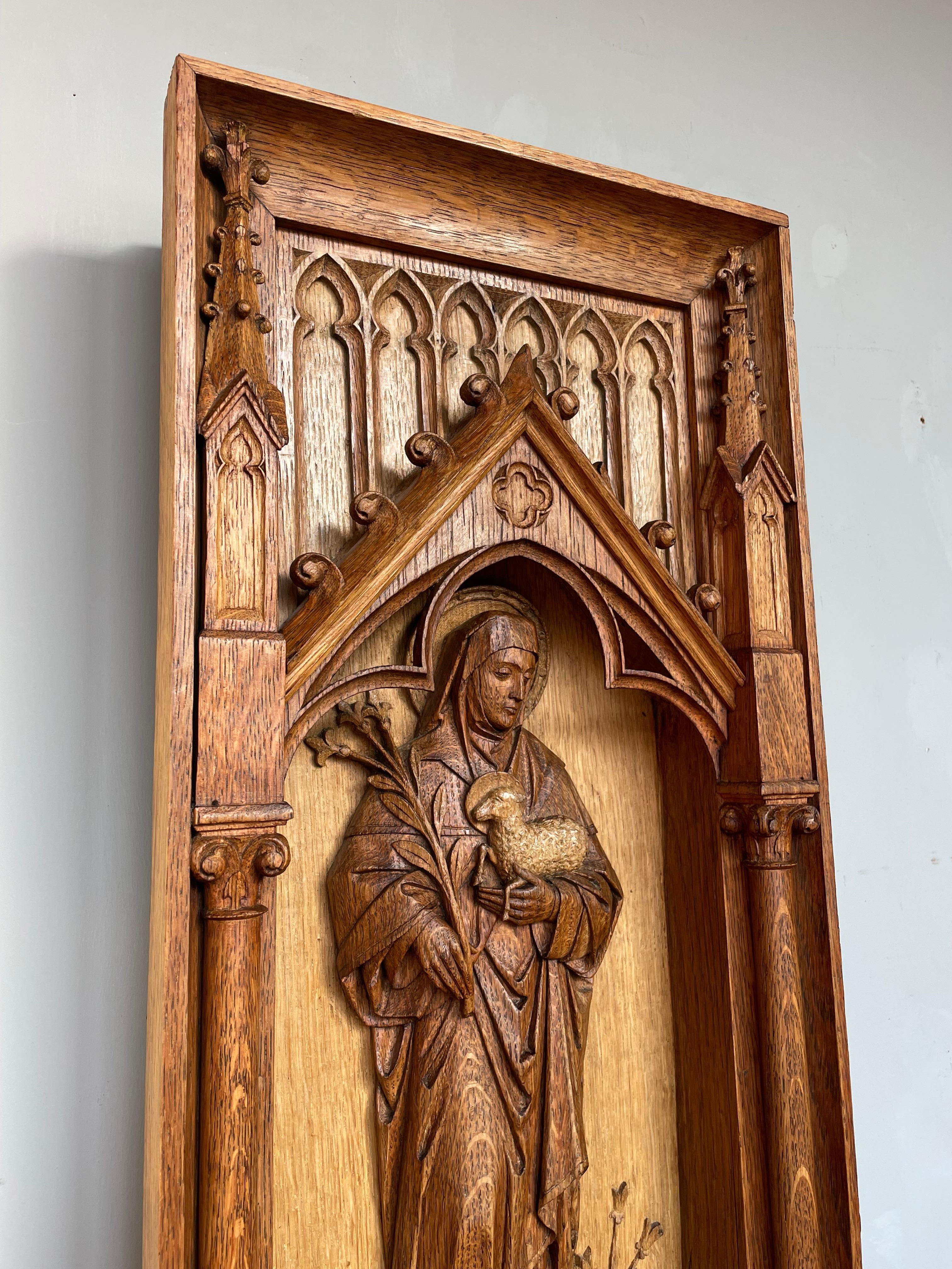 19th Century Antique Hand Carved Oak Gothic Church Wall Panel of Saint Agnes Holding Lamb