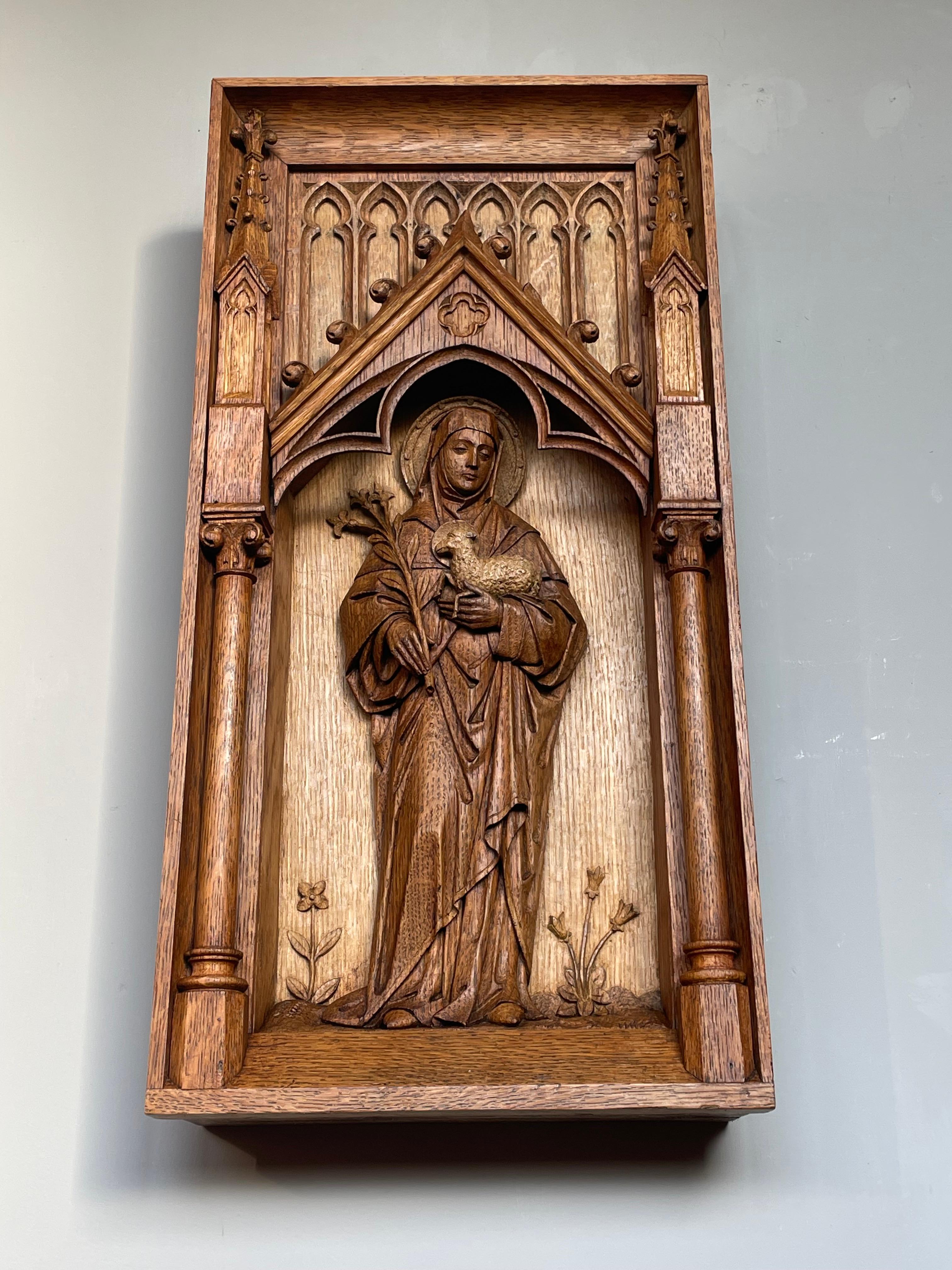 Brass Antique Hand Carved Oak Gothic Church Wall Panel of Saint Agnes Holding Lamb