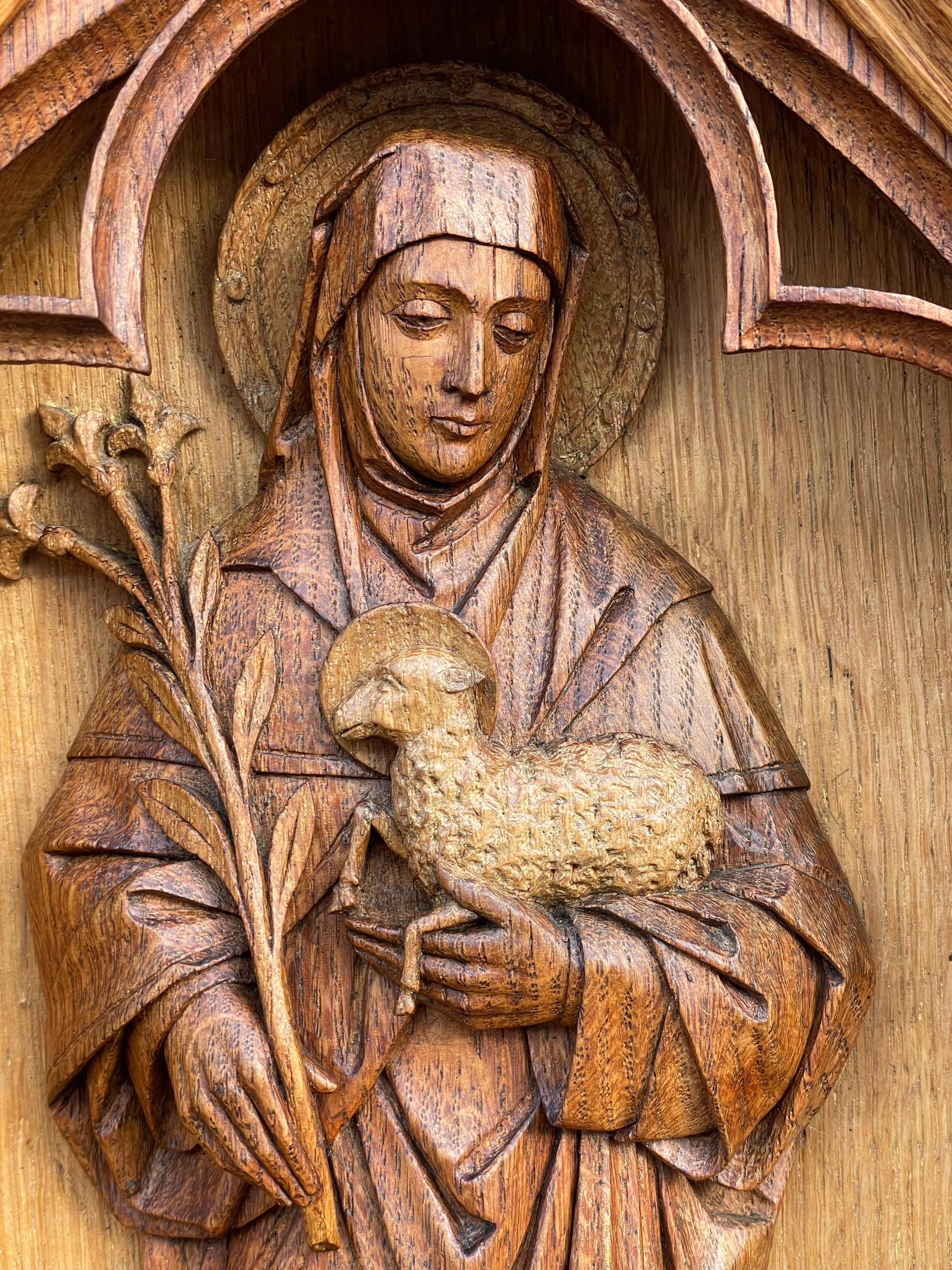 Antique Hand Carved Oak Gothic Church Wall Panel of Saint Agnes Holding Lamb 1
