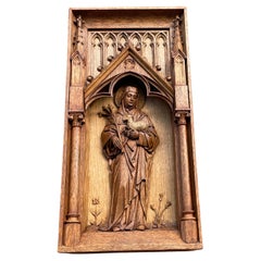 Antique Hand Carved Oak Gothic Church Wall Panel of Saint Agnes Holding Lamb