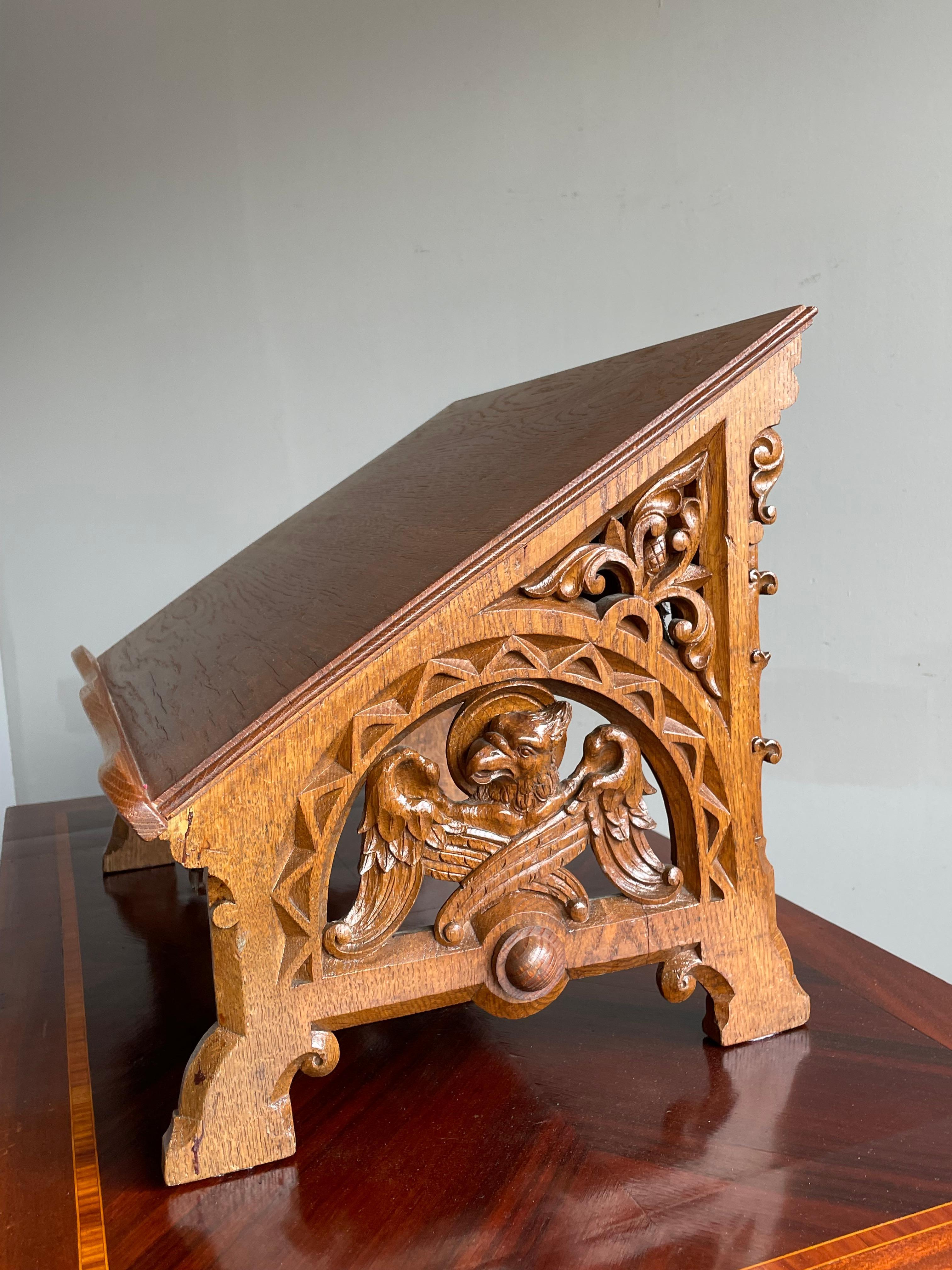 Antique Hand Carved Oak Gothic Revival Bible Stand with Evangelist Sculptures 9