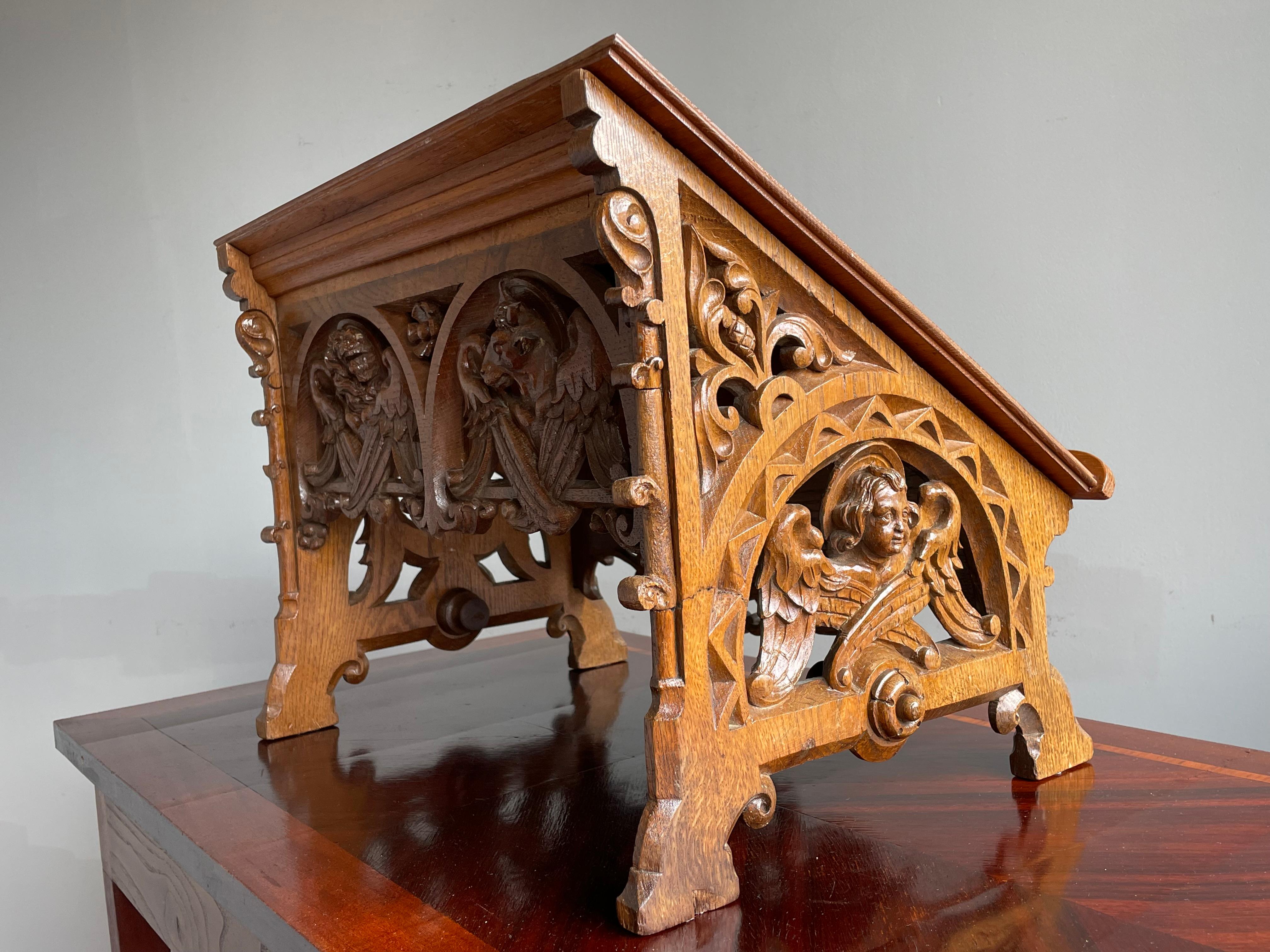 Antique Hand Carved Oak Gothic Revival Bible Stand with Evangelist Sculptures 1